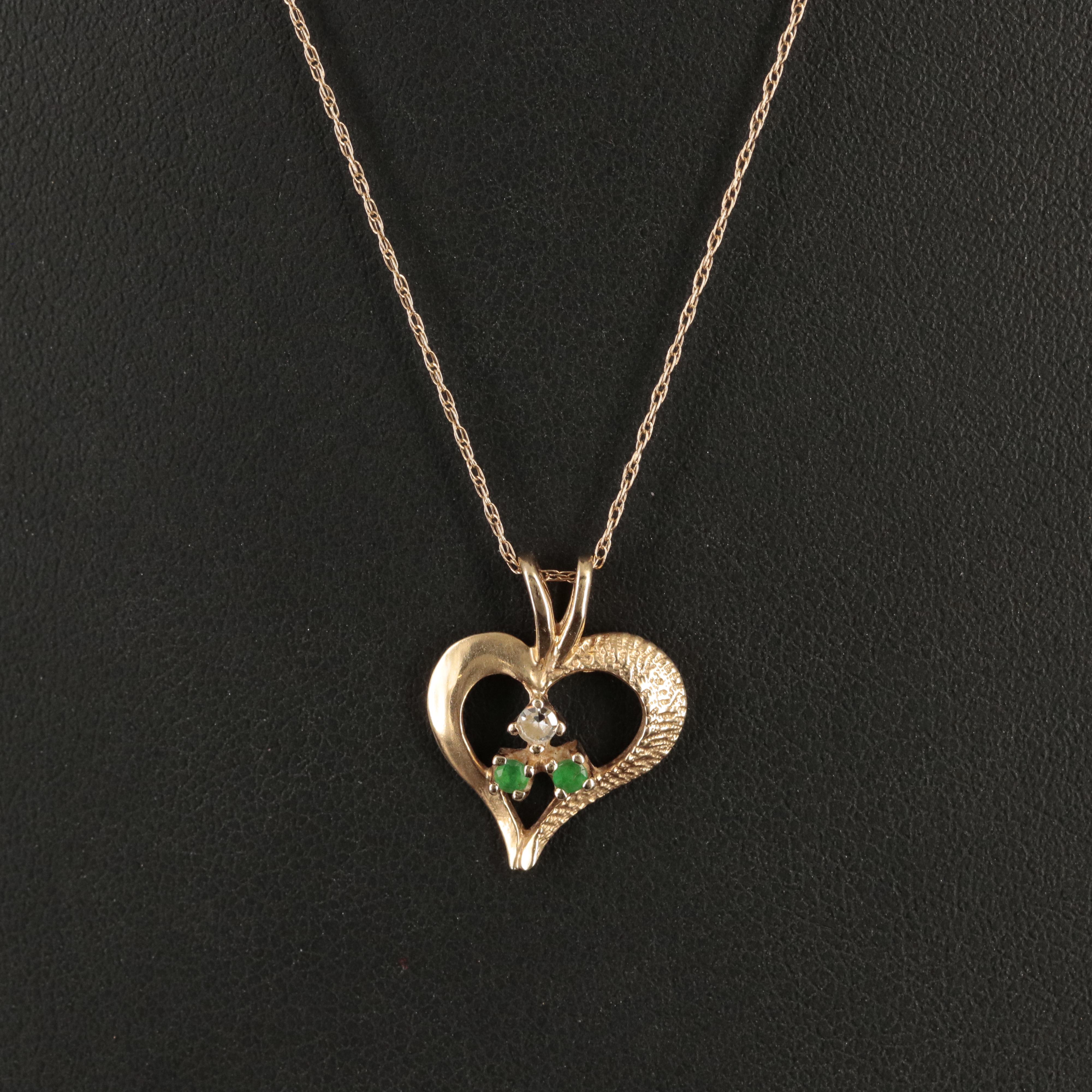 14K Diamond and Emerald Heart Pendant Necklace
