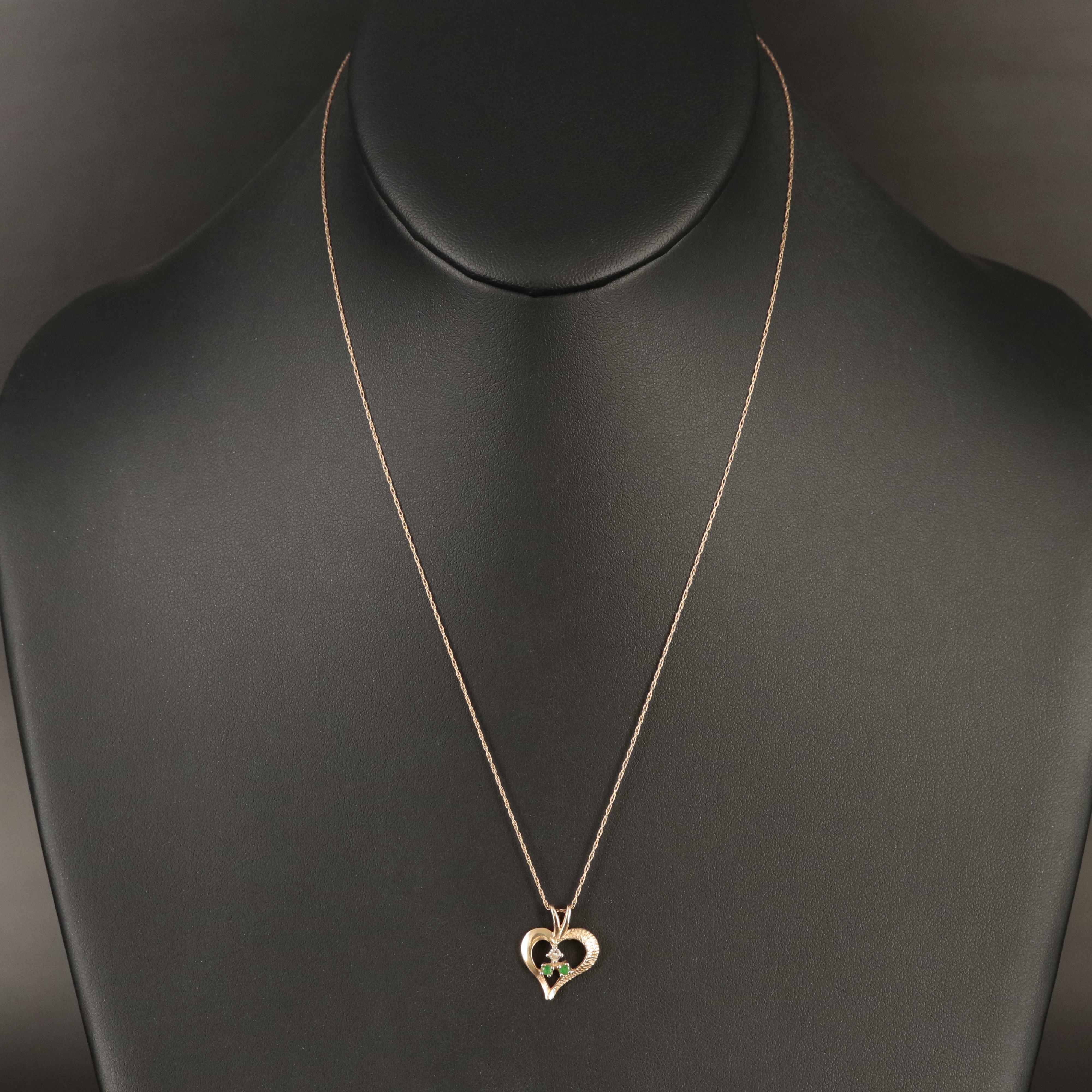 14K Diamond and Emerald Heart Pendant Necklace