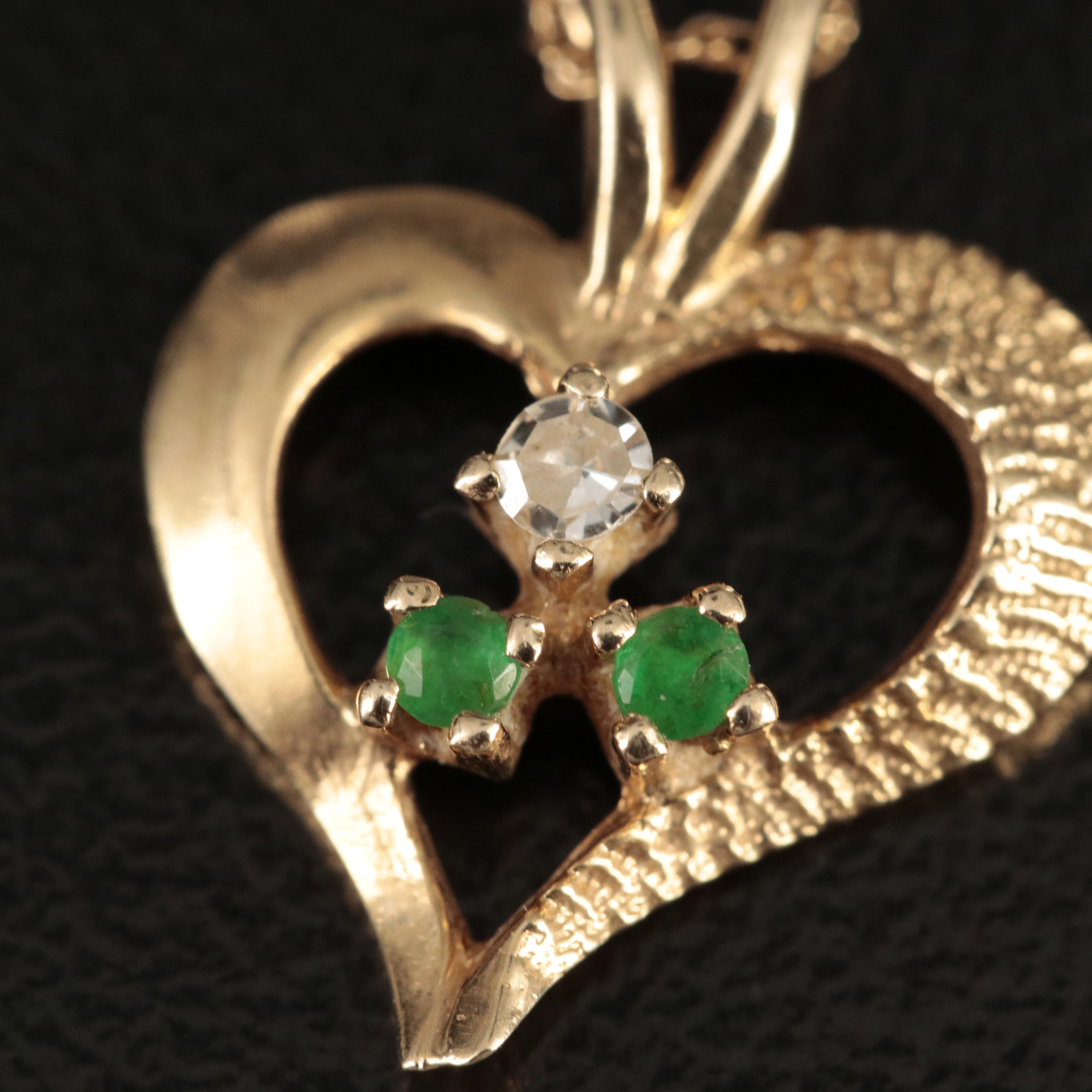 14K Diamond and Emerald Heart Pendant Necklace