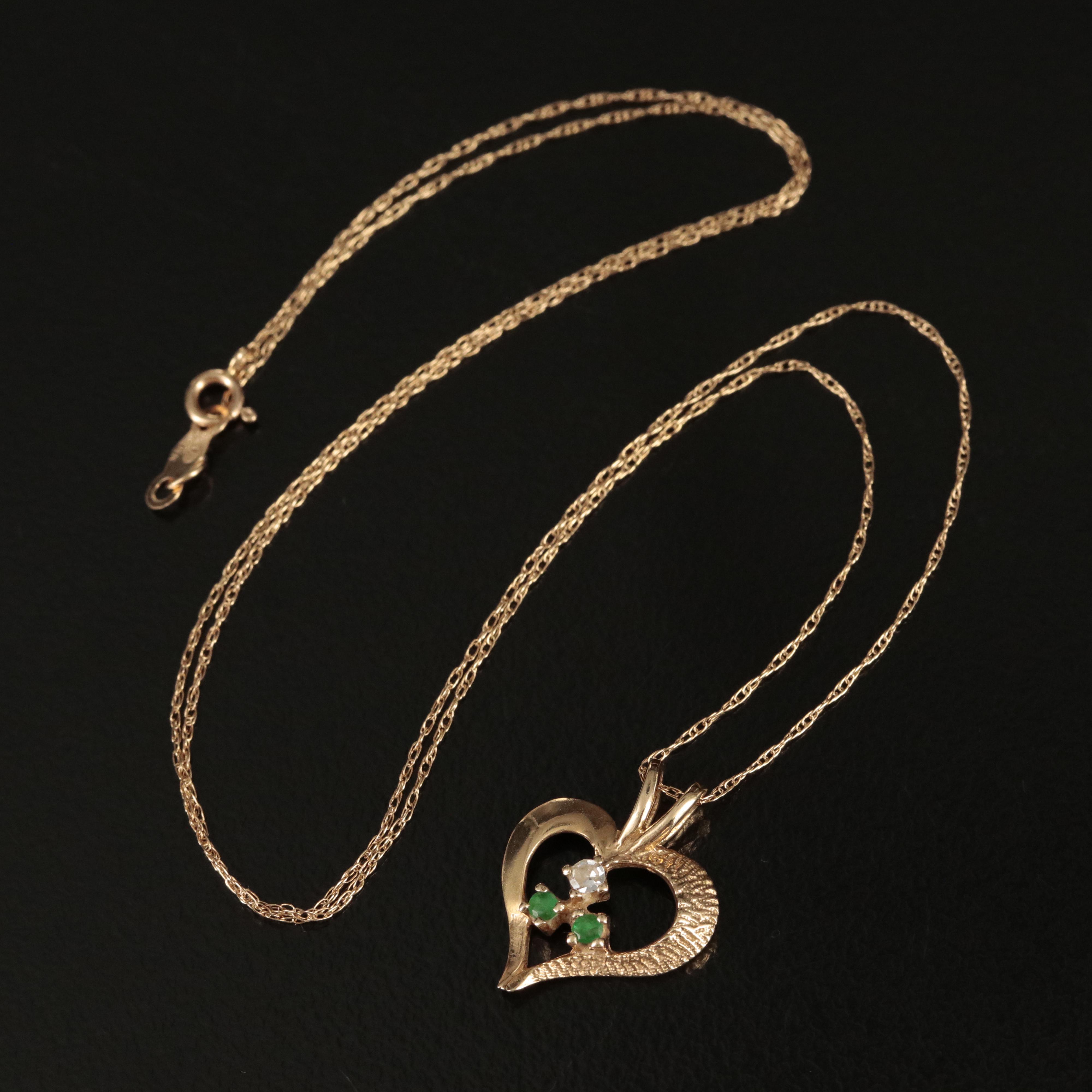 14K Diamond and Emerald Heart Pendant Necklace