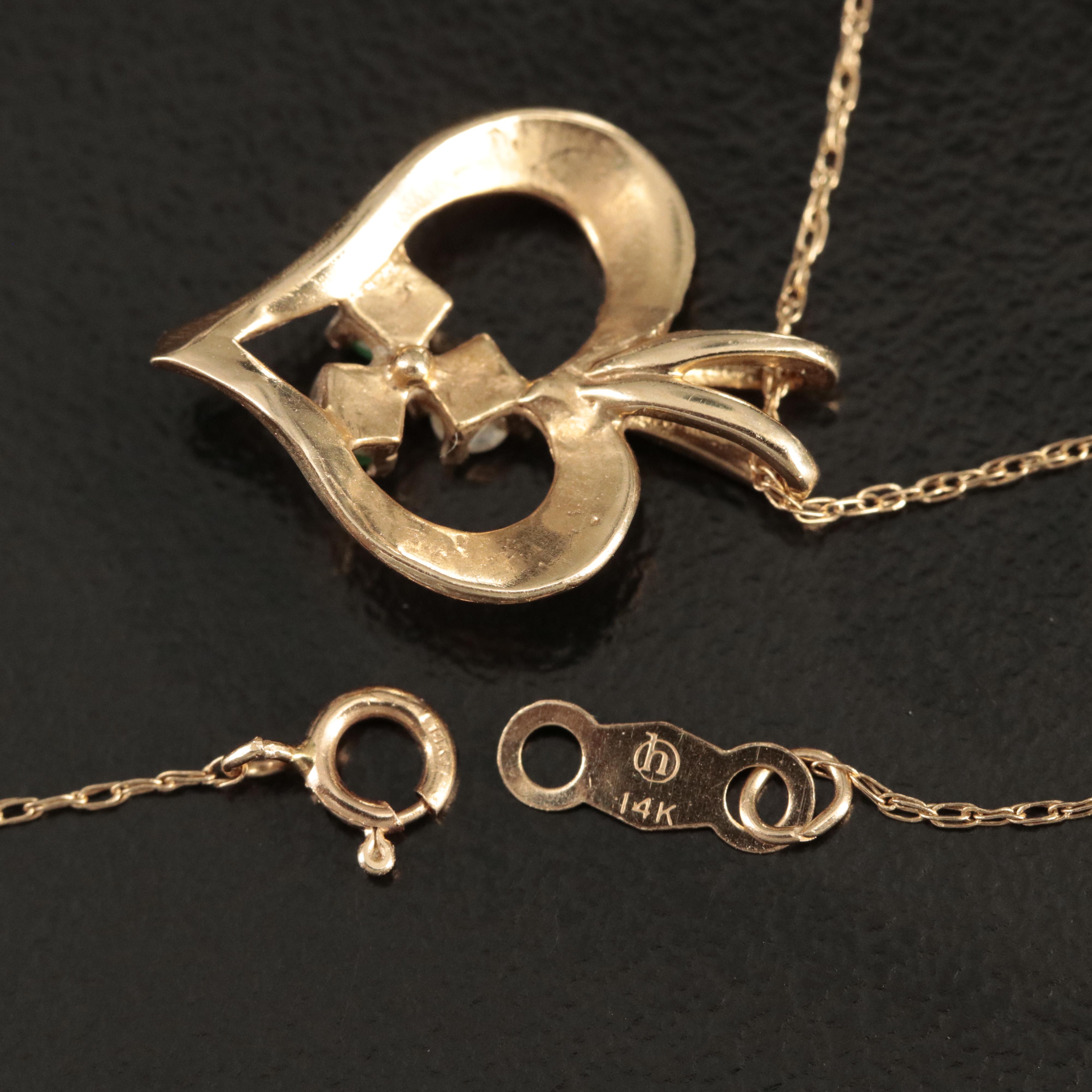 14K Diamond and Emerald Heart Pendant Necklace