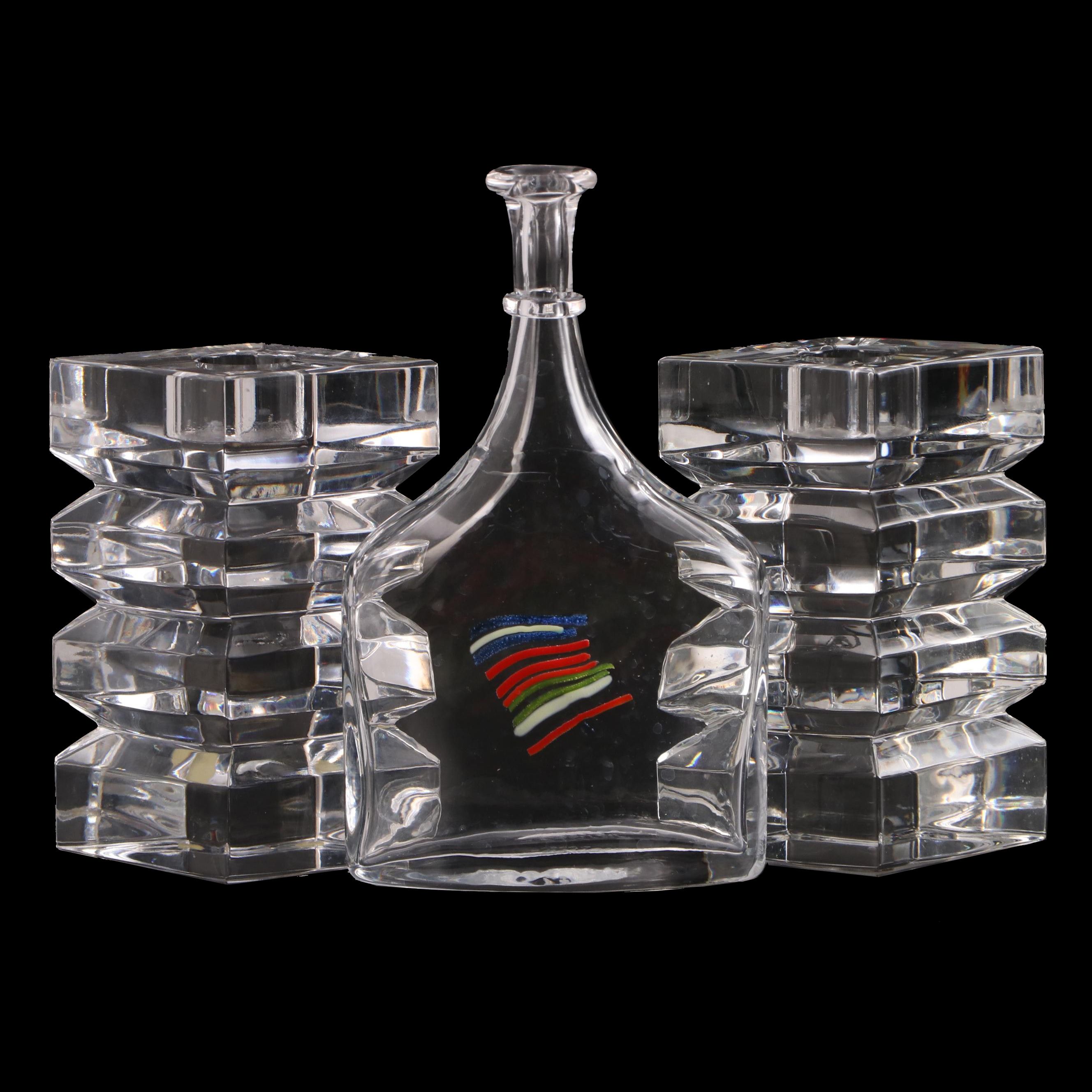 Bieder Cut Crystal Candleholders with Signed Kosta Boda Glass Bottle