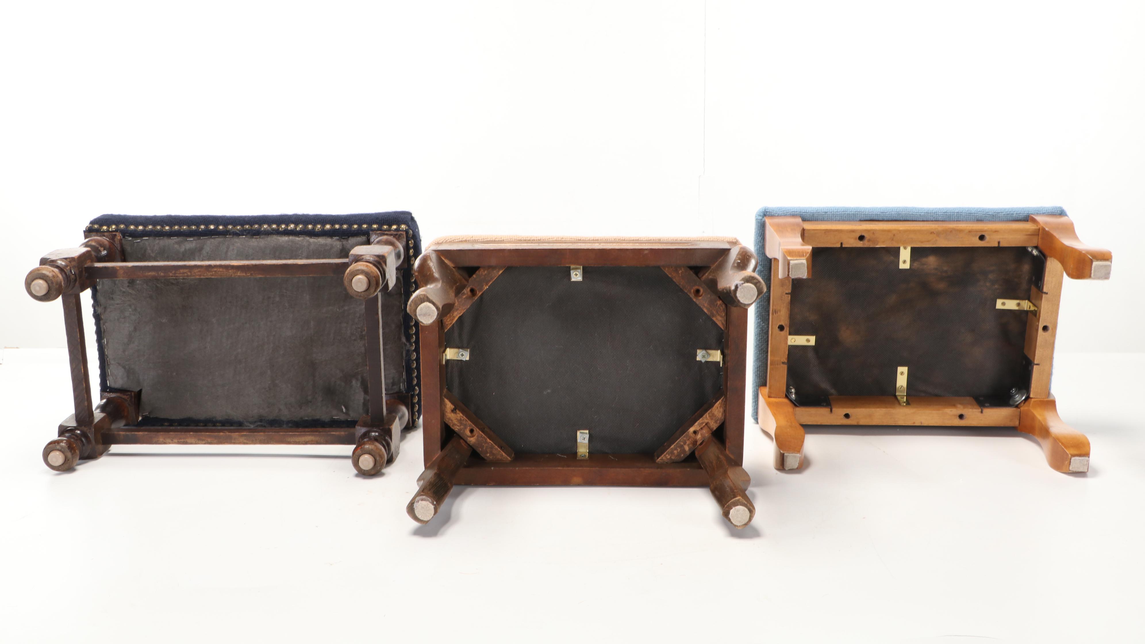 Three Floral Needlepoint Upholstered Wood Footstools, 20th Century