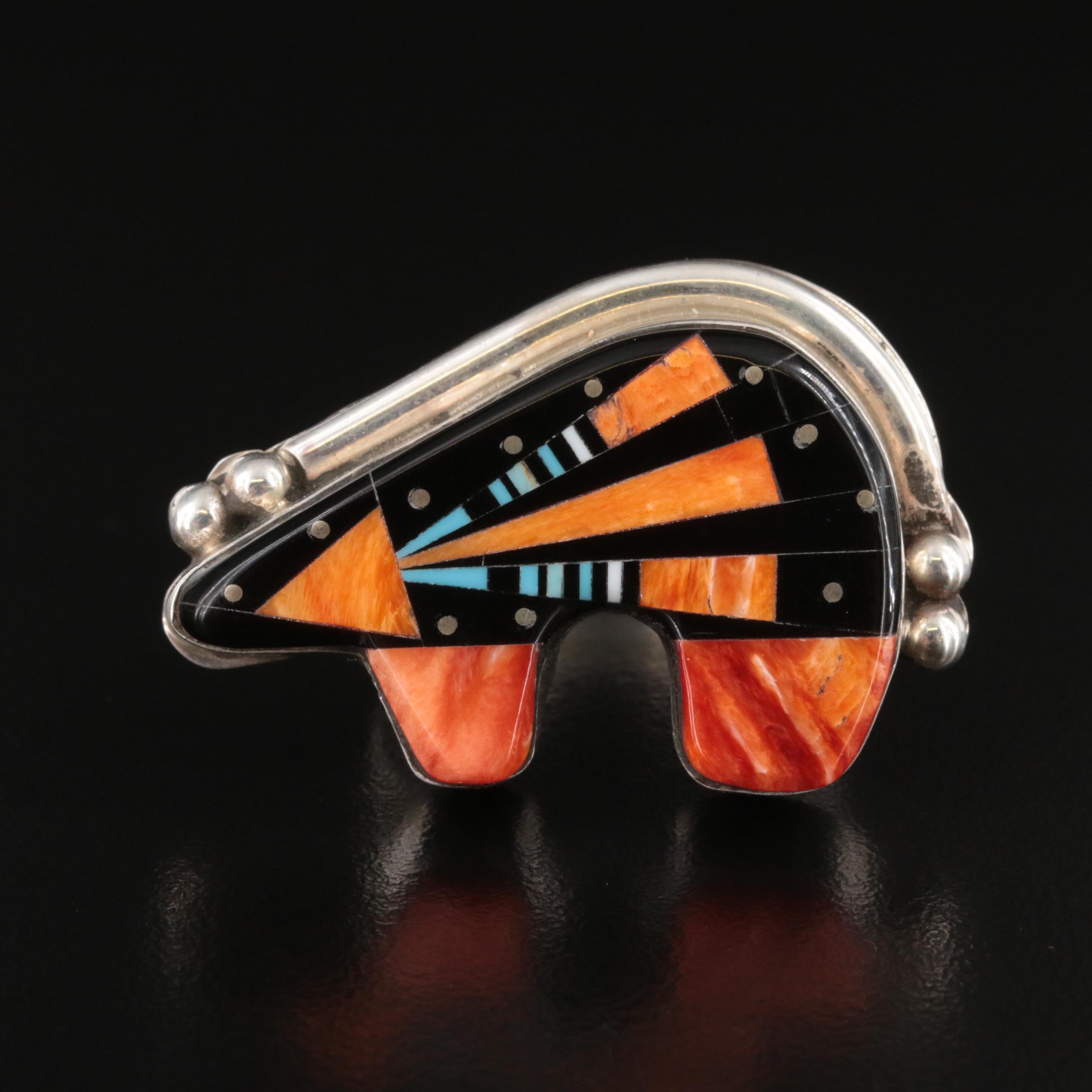 Ray Jack Navajo Diné Sterling Spiny Oyster and Faux Gemstone Inlay Bear Ring