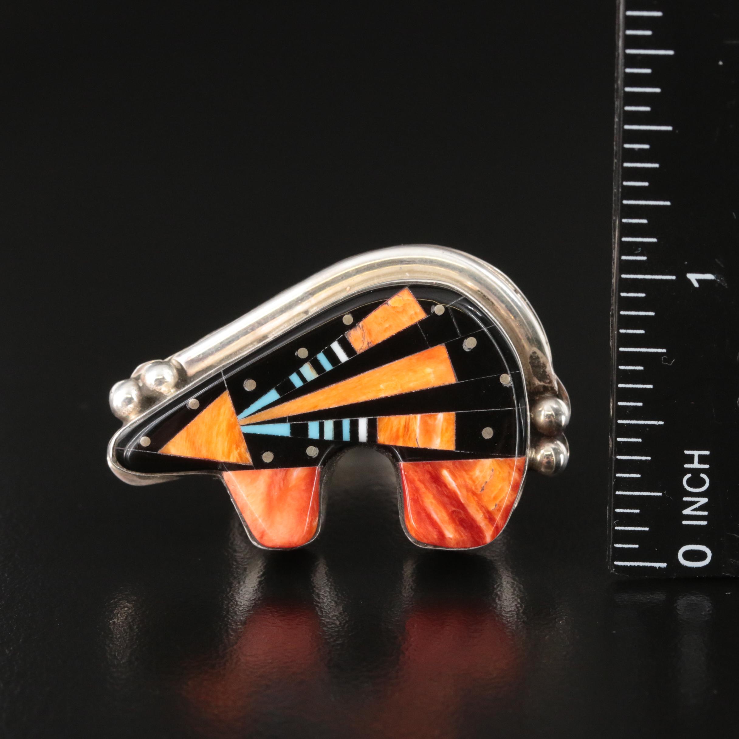 Ray Jack Navajo Diné Sterling Spiny Oyster and Faux Gemstone Inlay Bear Ring