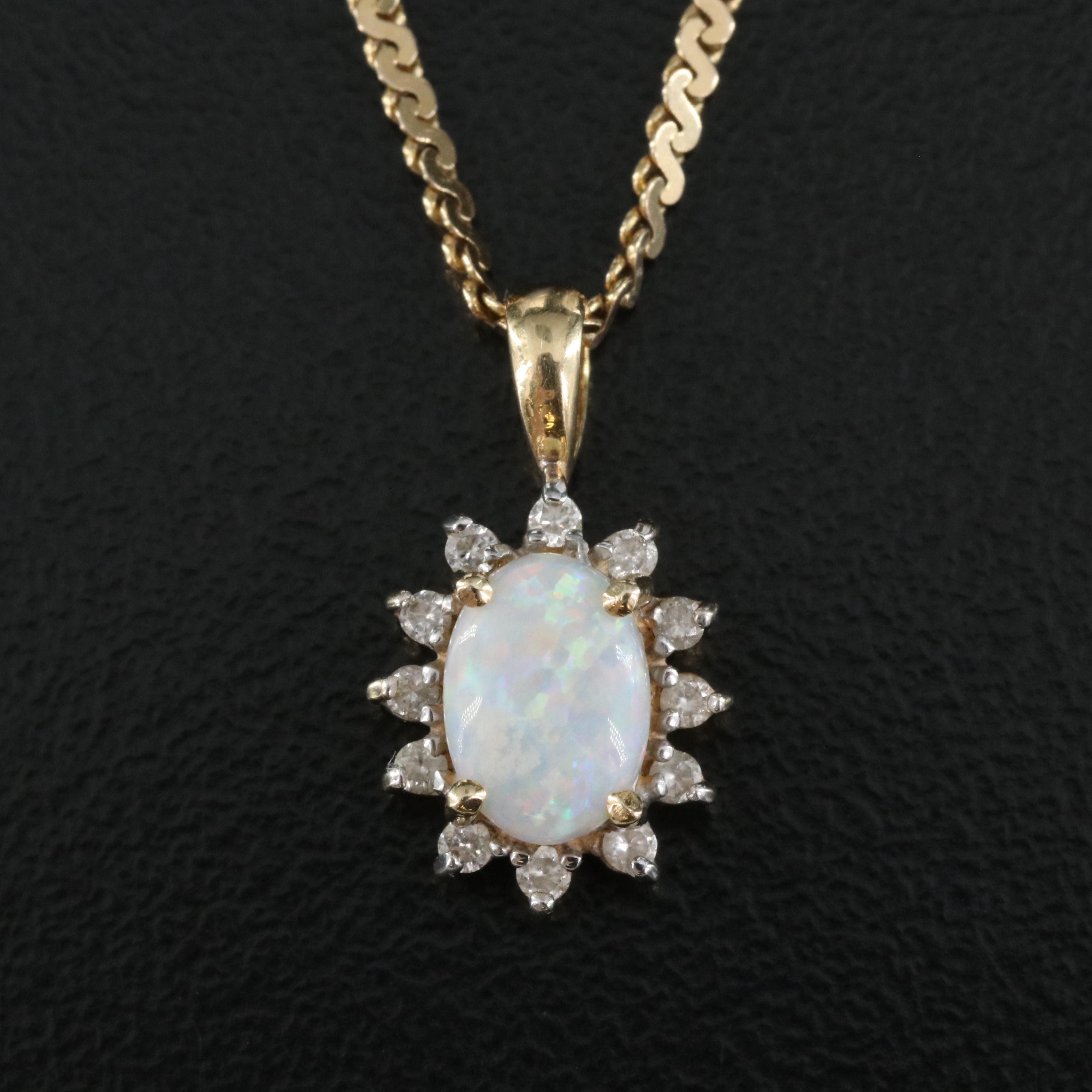 14K Opal and Diamond Pendant on Italian S Link Necklace