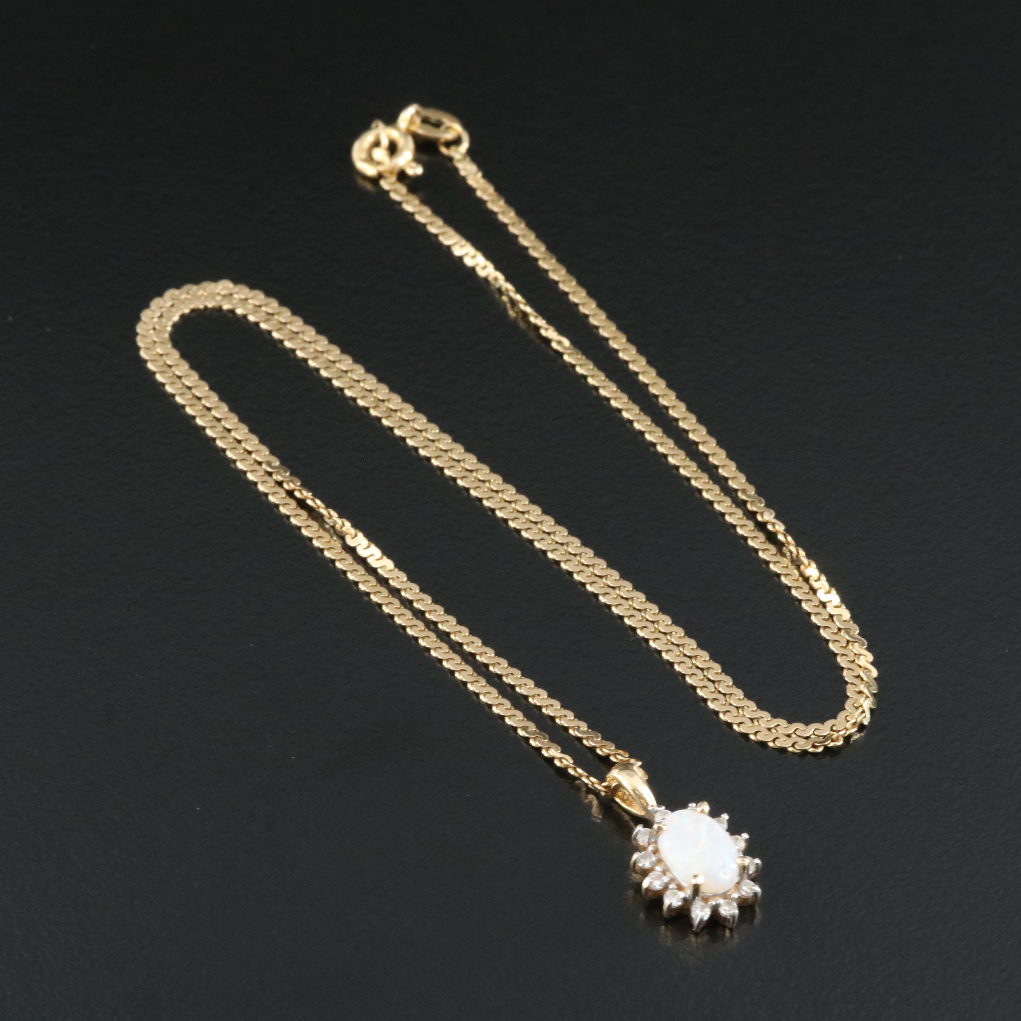 14K Opal and Diamond Pendant on Italian S Link Necklace