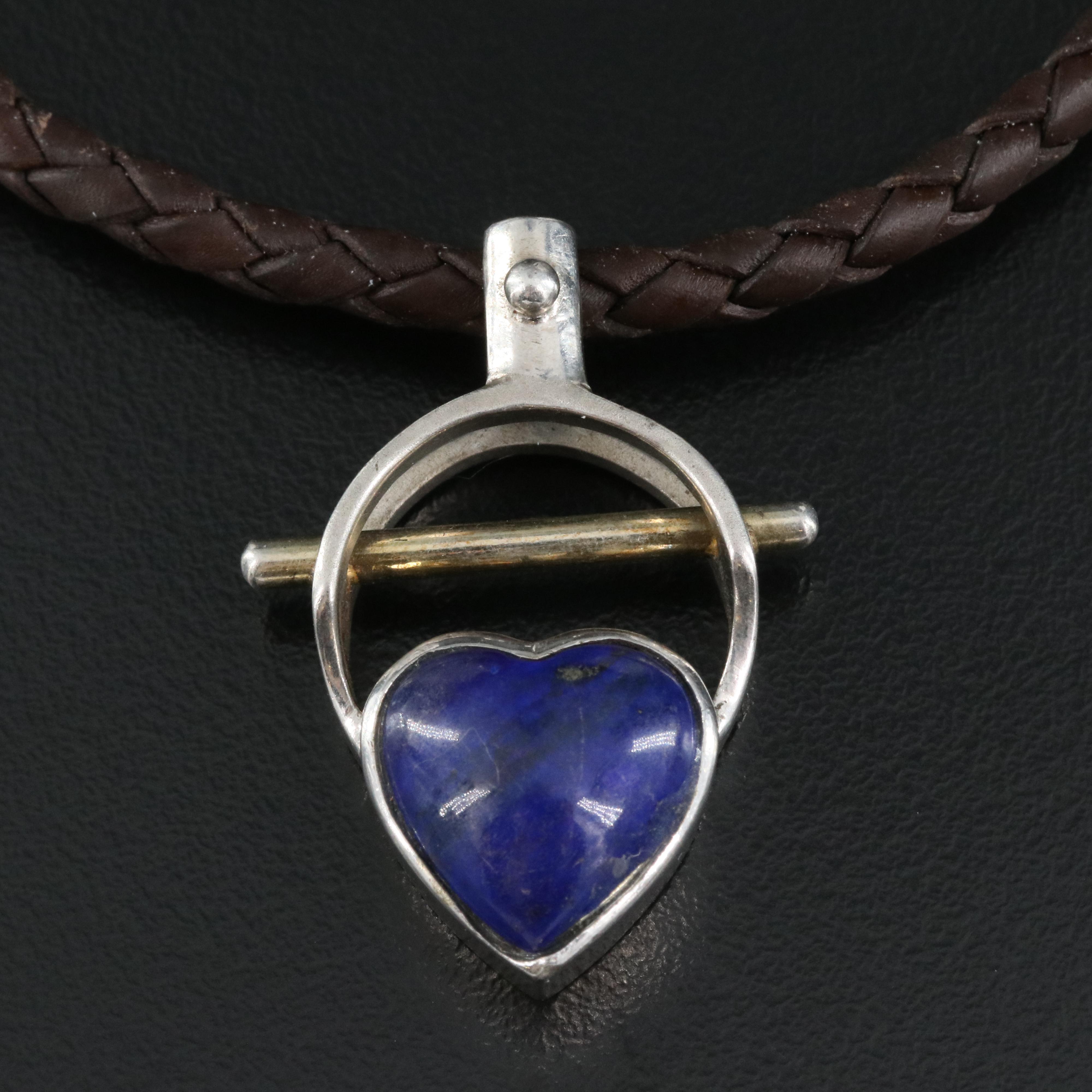 Sterling Lapis Lazuli Heart Pendant on Braided Leather Necklace