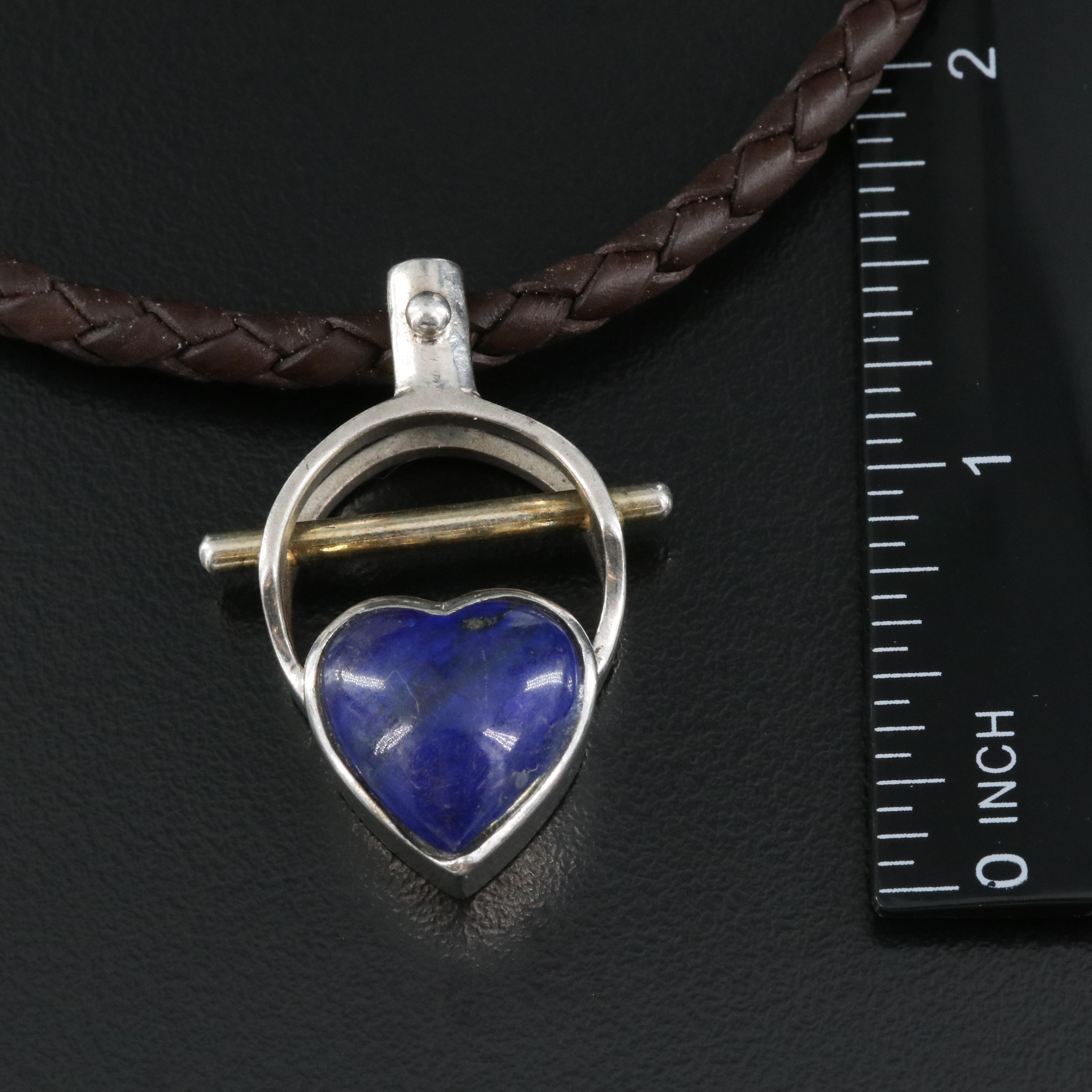 Sterling Lapis Lazuli Heart Pendant on Braided Leather Necklace