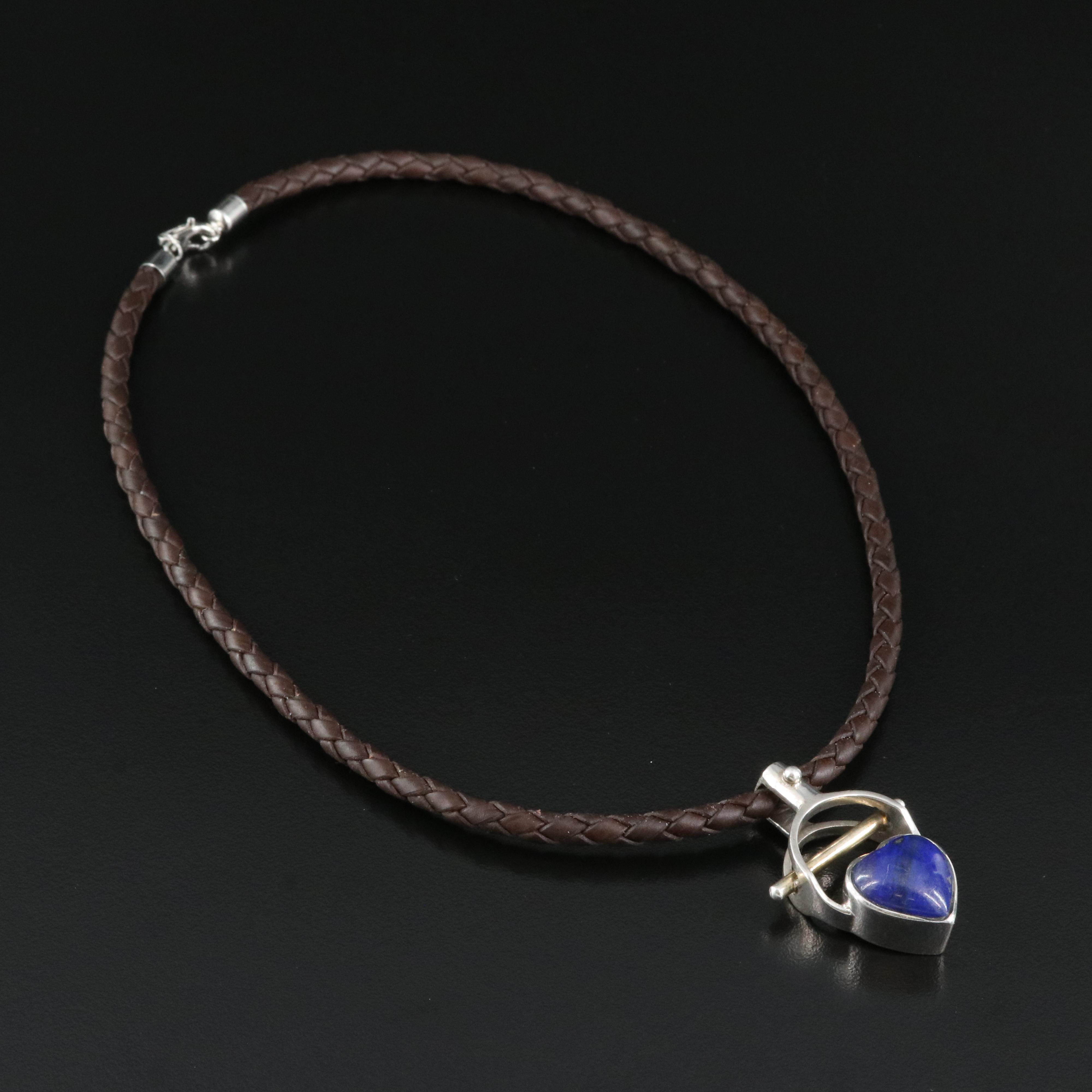 Sterling Lapis Lazuli Heart Pendant on Braided Leather Necklace