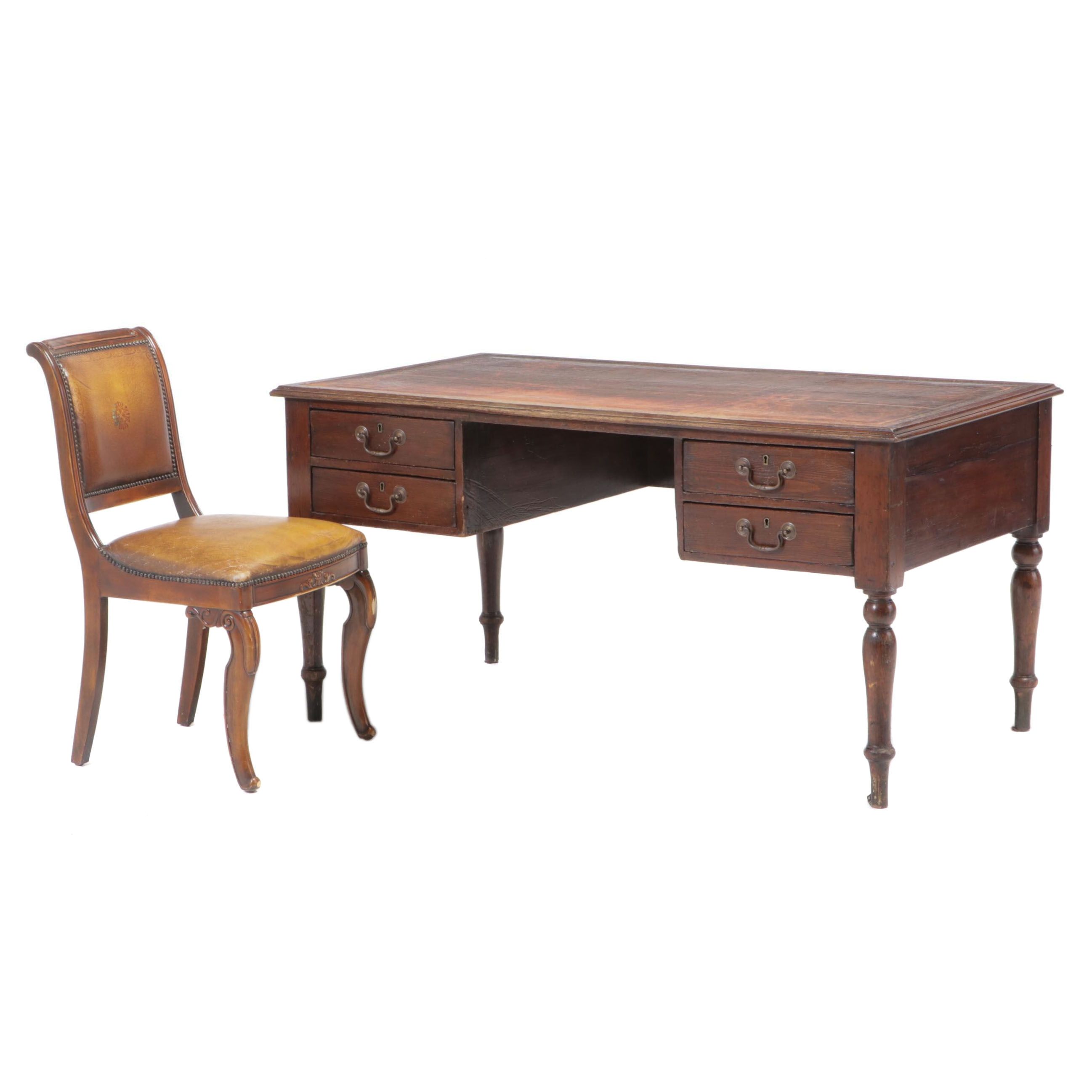Victorian Pine and Oak Writing Desk Plus Mahogany and Leather Side Chair