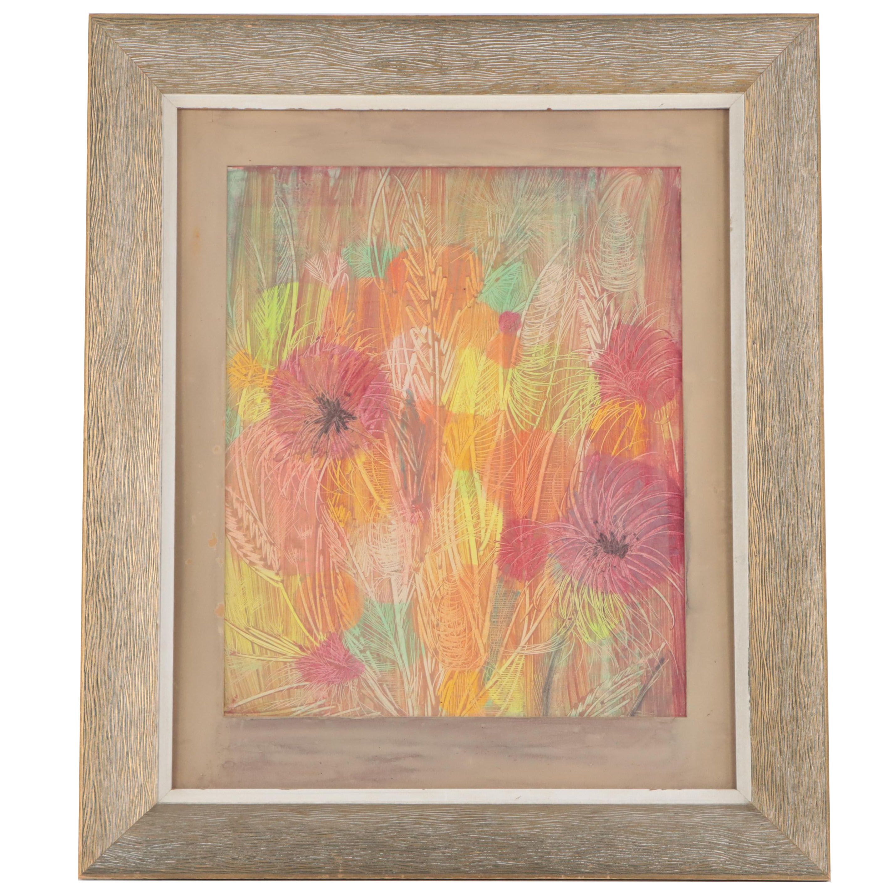 Floral Sgraffito Acrylic Painting, Circa 1960