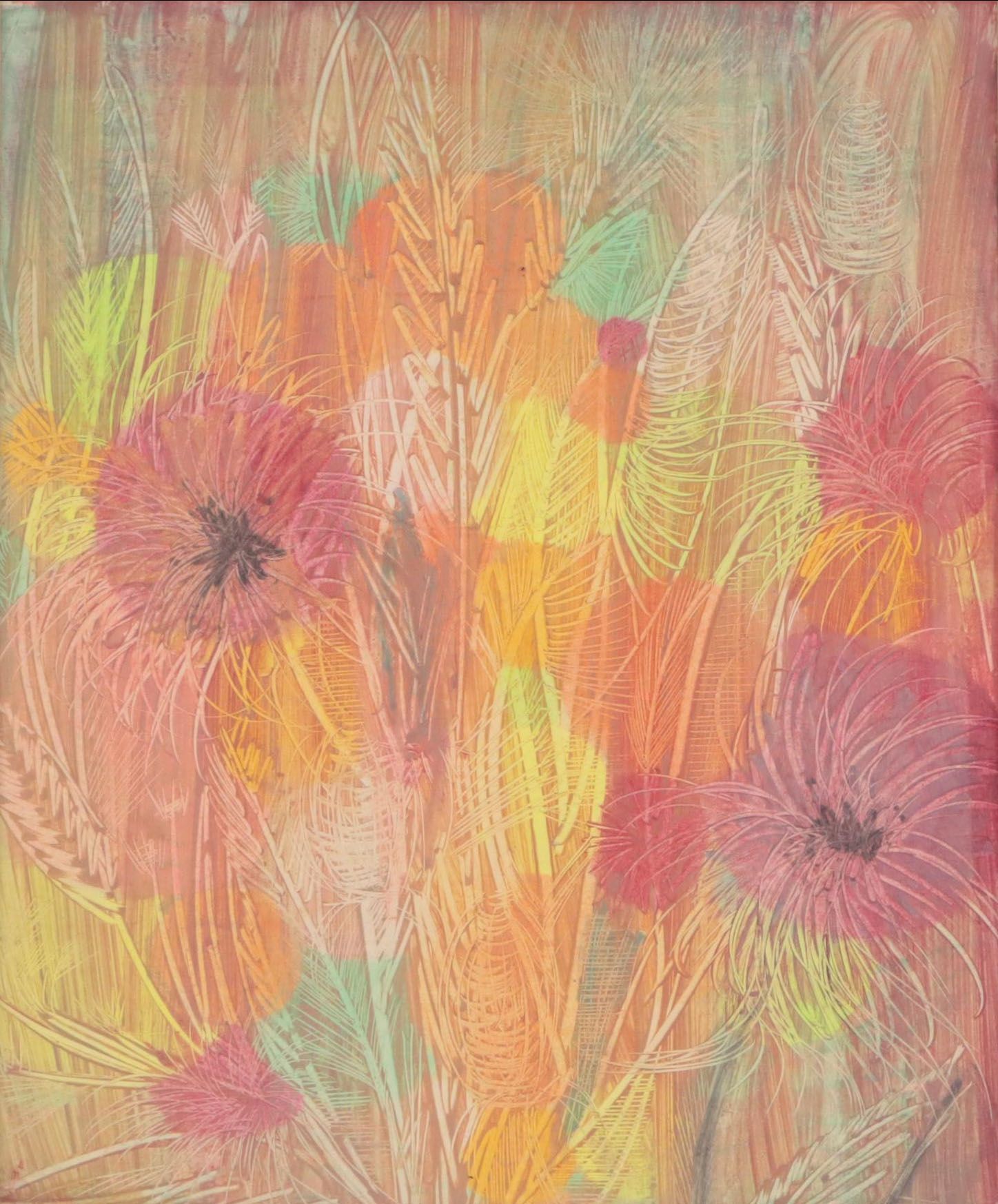 Floral Sgraffito Acrylic Painting, Circa 1960