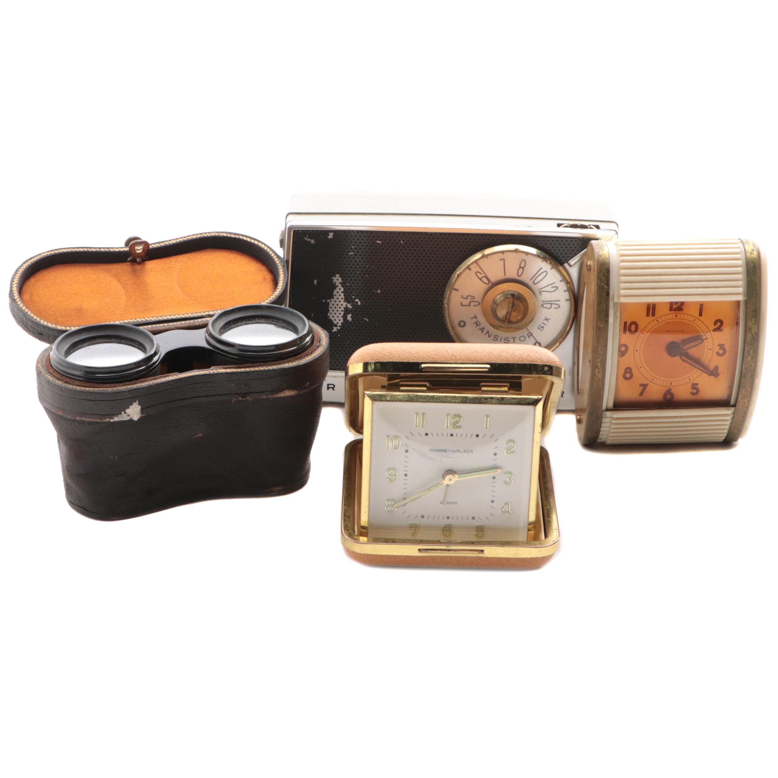RCA Victor Transistor Six Impac Radio, Lemaire Binoculars, Travel Alarm Clocks