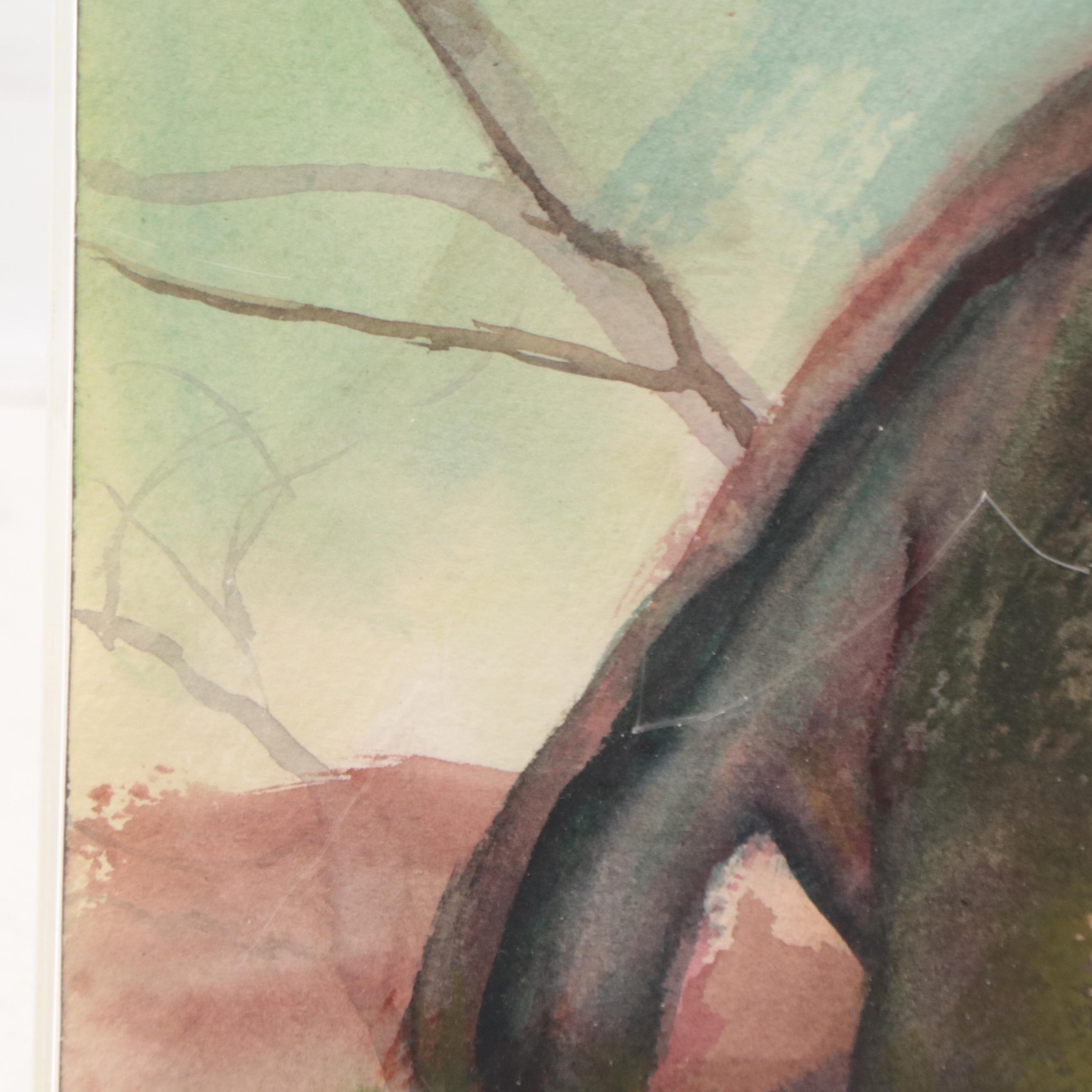 Katrina Halter Watercolor Painting of Gnarled Tree, Late 20th Century