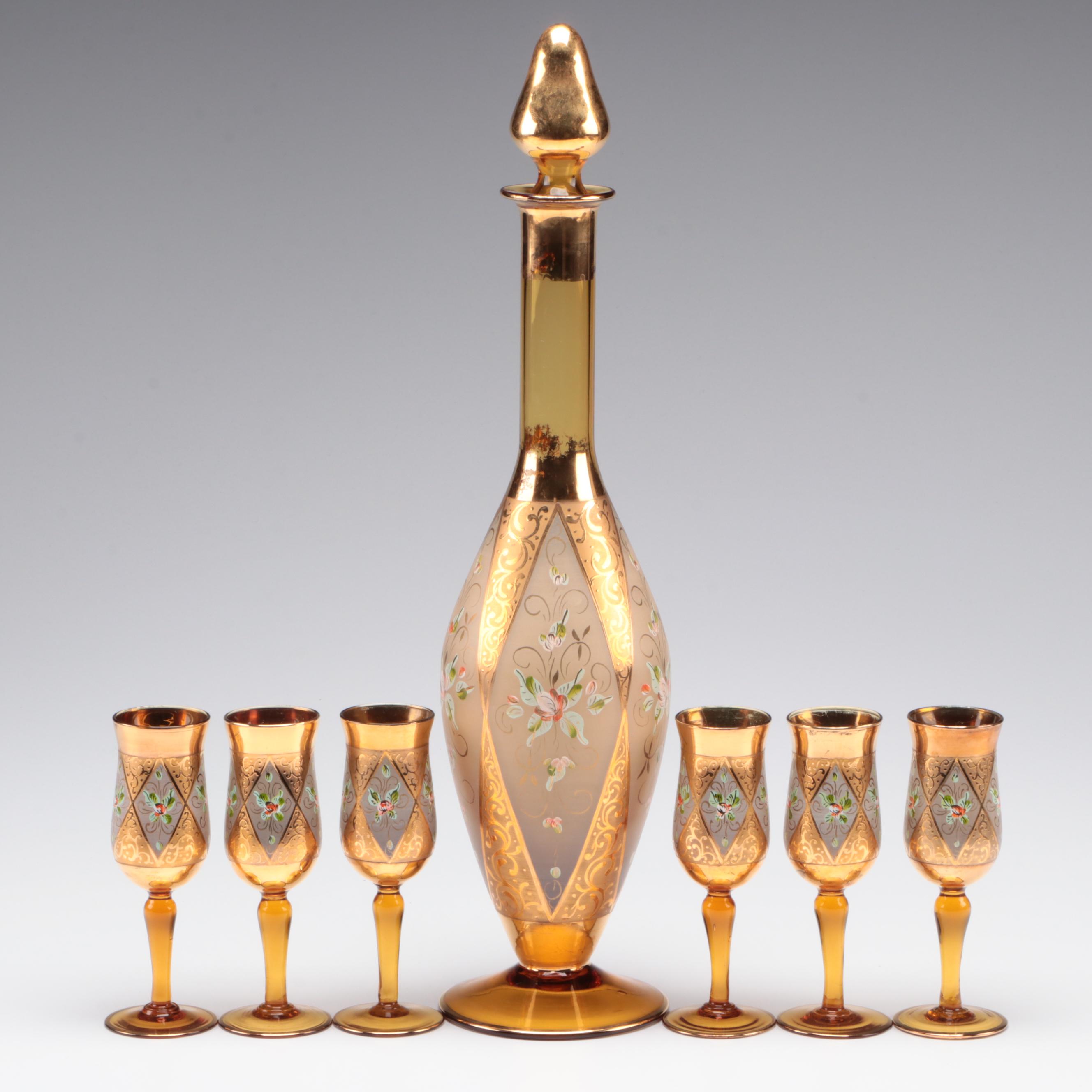 Bohemian Style Amber Glass Decanter Set, Mid to Late 20th Century