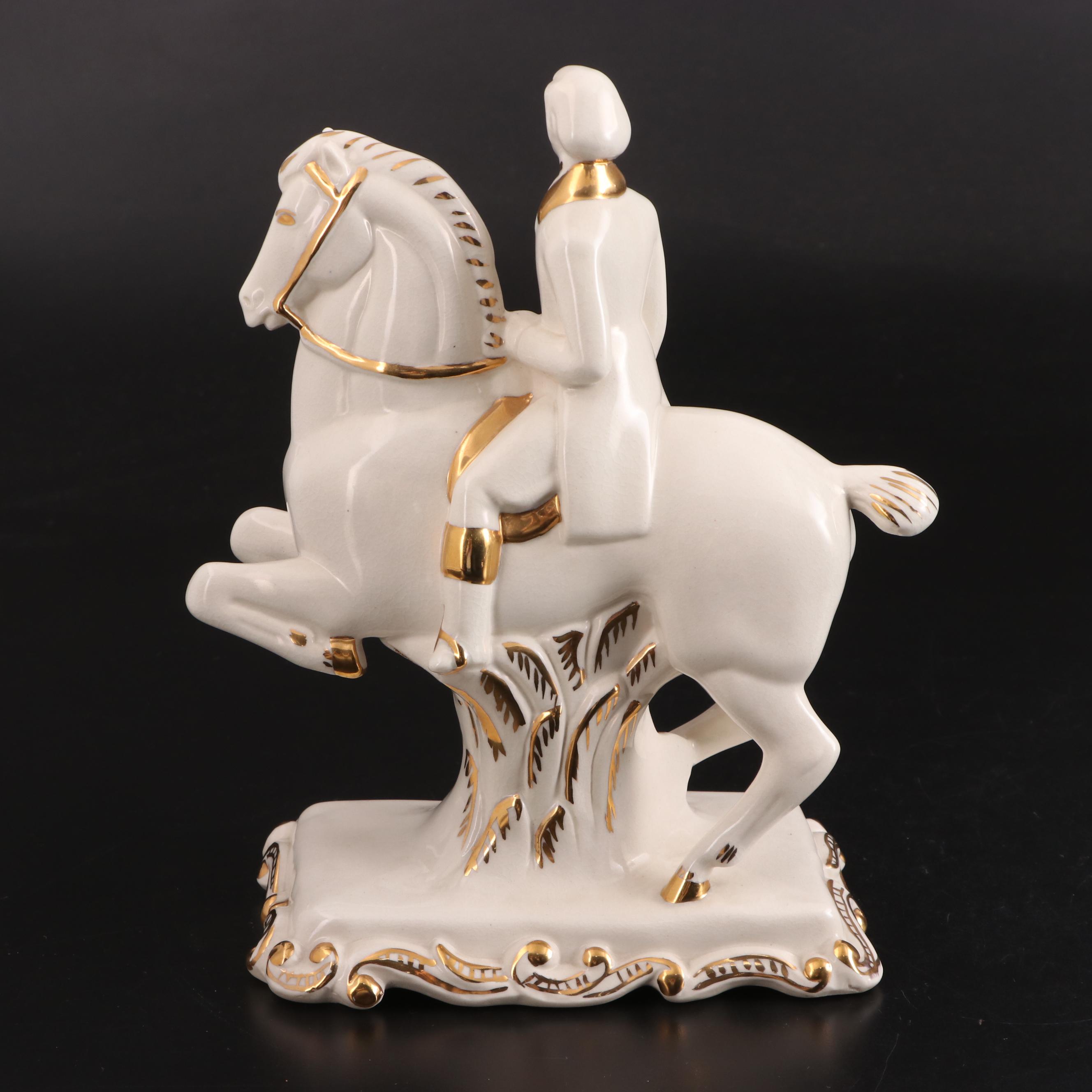 Gilt Accented Porcelain Horse and Rider Figurine, Mid to Late 20th Century