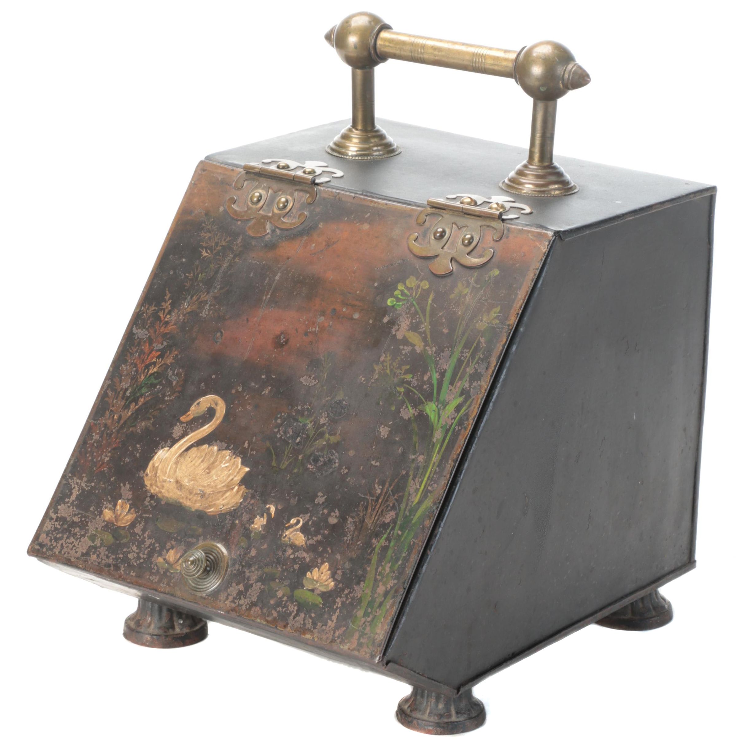 Victorian Tole Painted Pond Scene Metal and Brass Handled Coal Scuttle