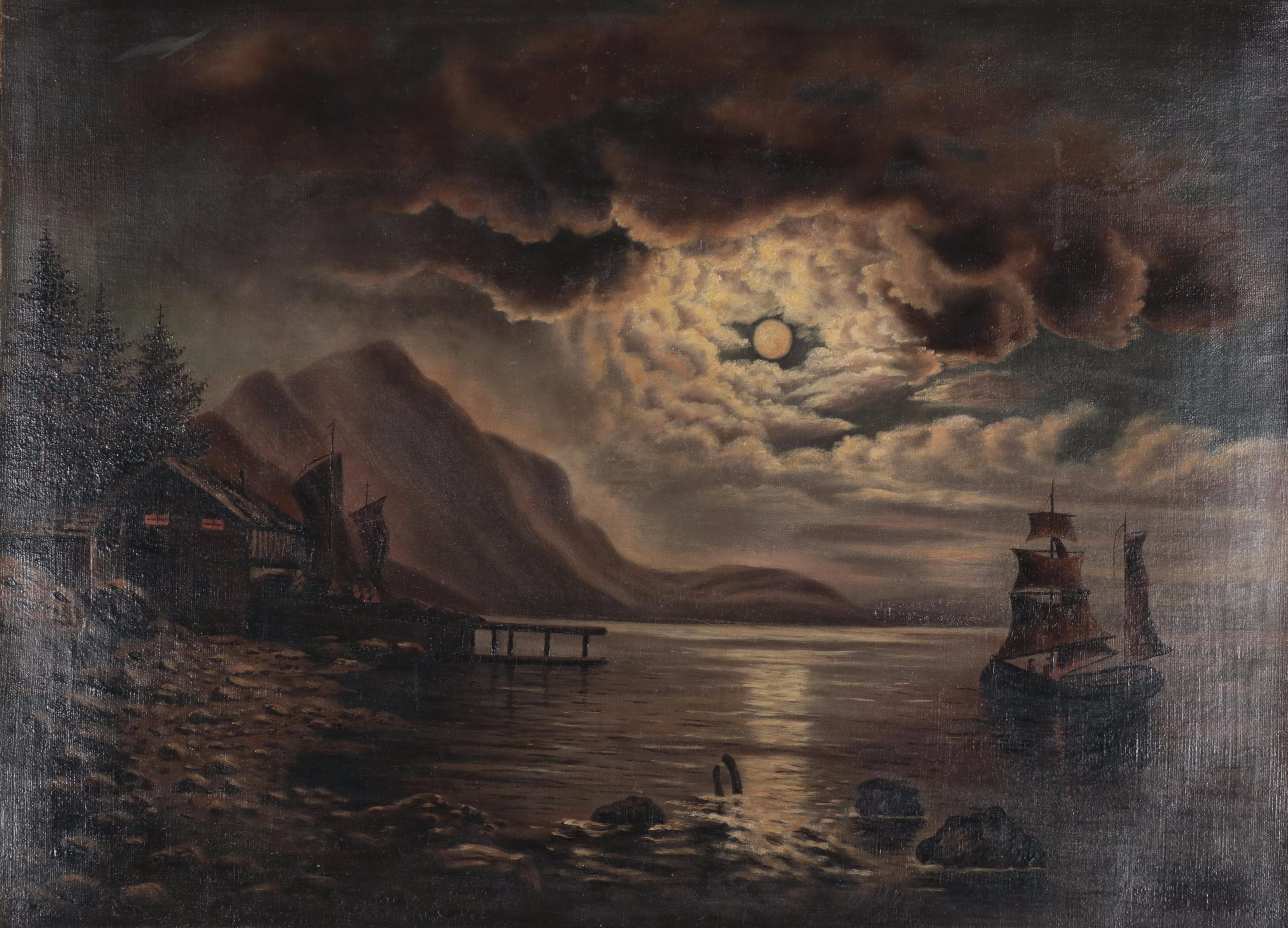 Oil Painting of Bay Scene With Sailing Ship