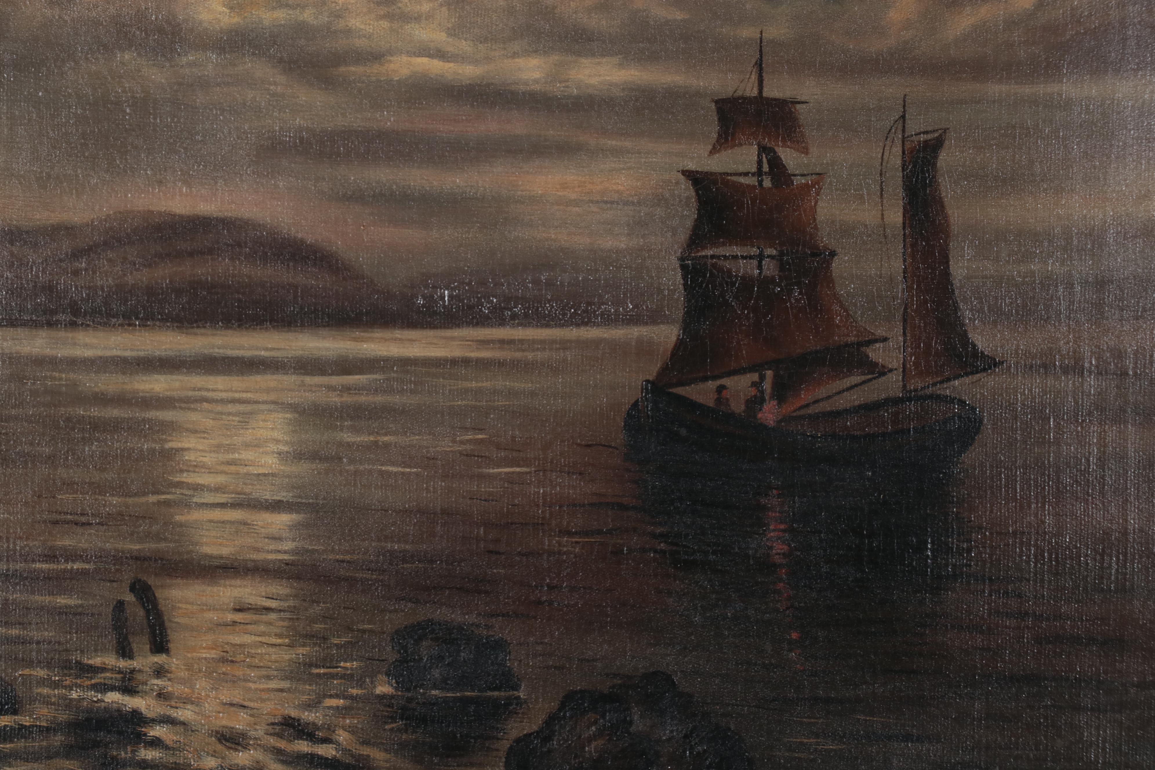 Oil Painting of Bay Scene With Sailing Ship