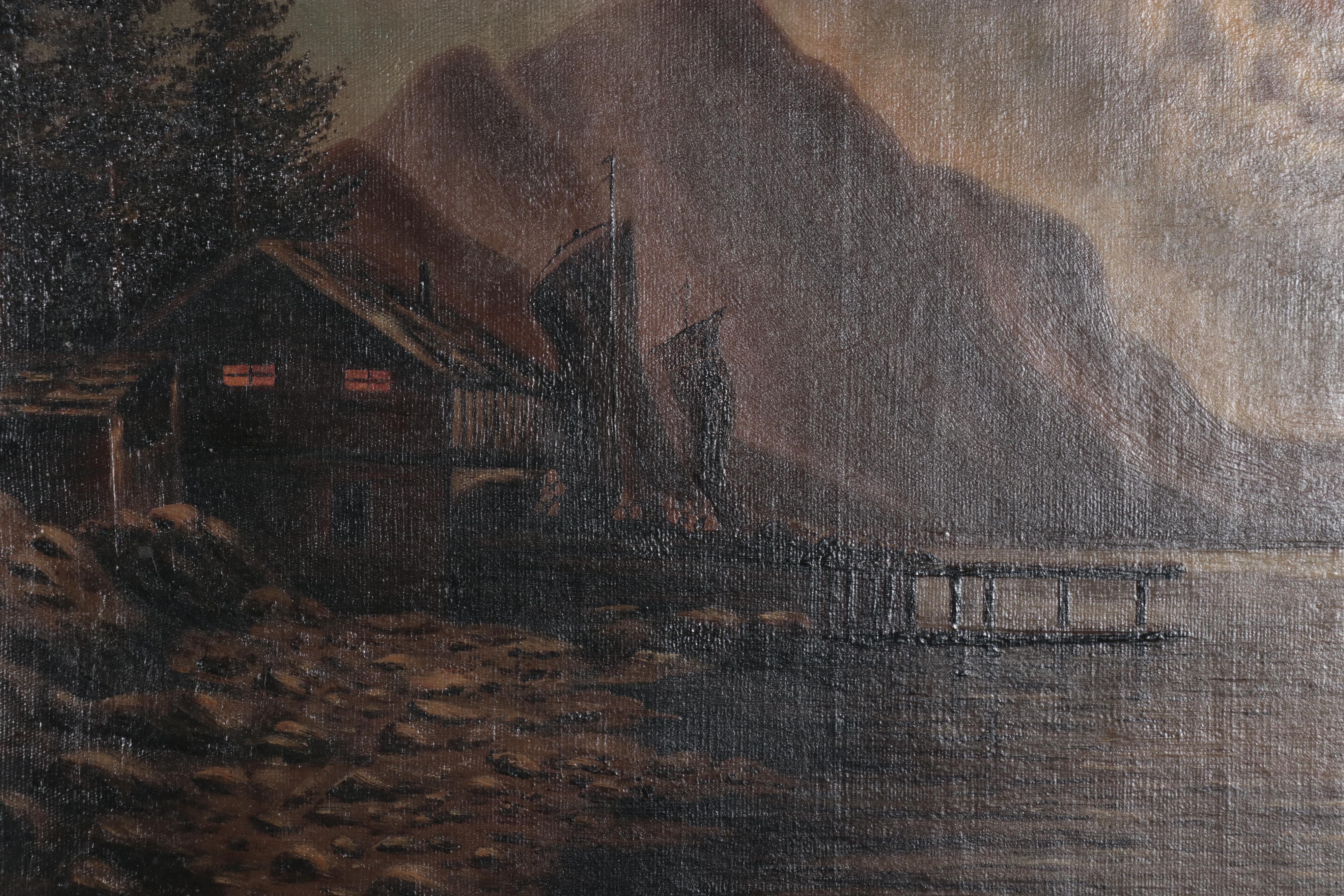 Oil Painting of Bay Scene With Sailing Ship