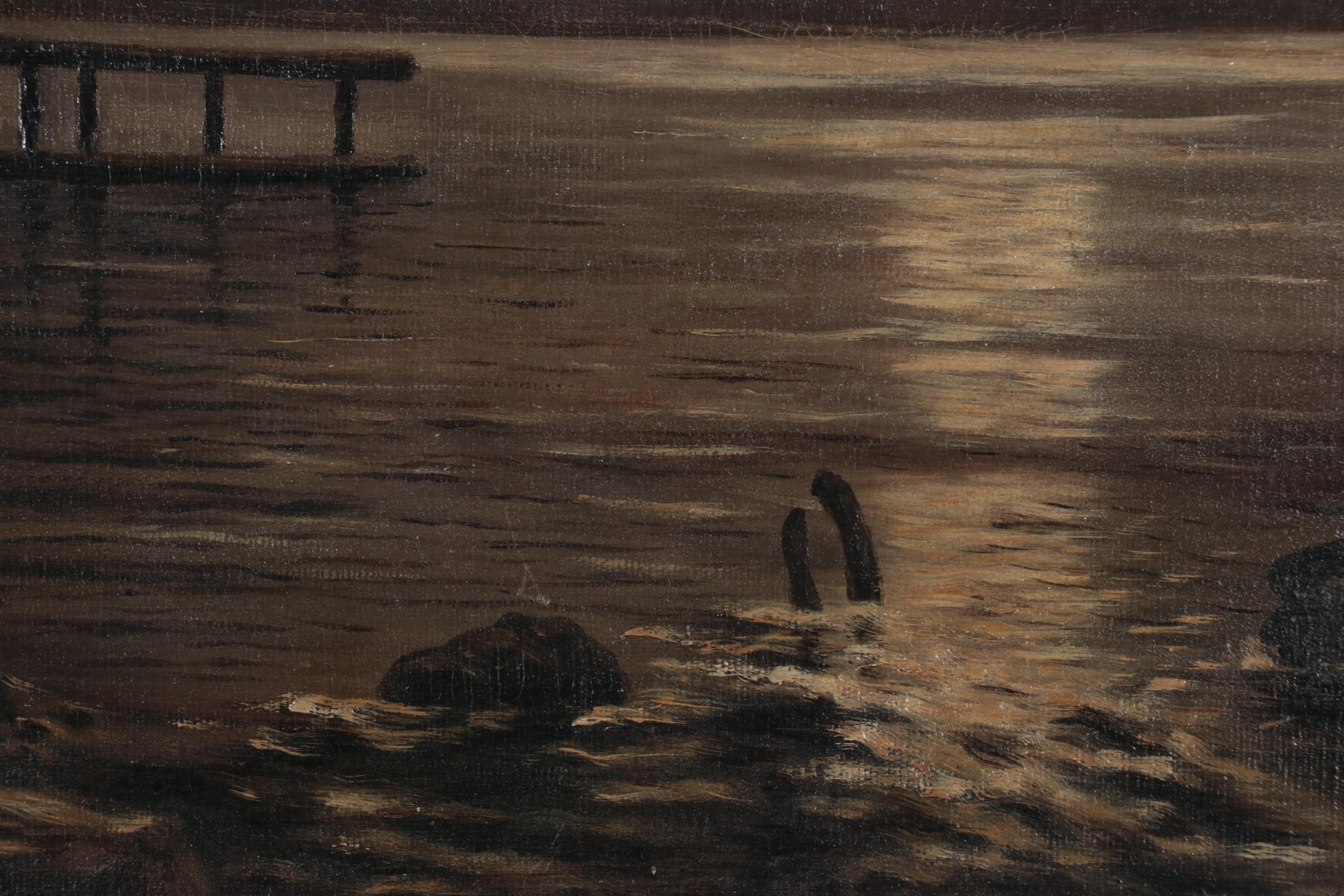 Oil Painting of Bay Scene With Sailing Ship