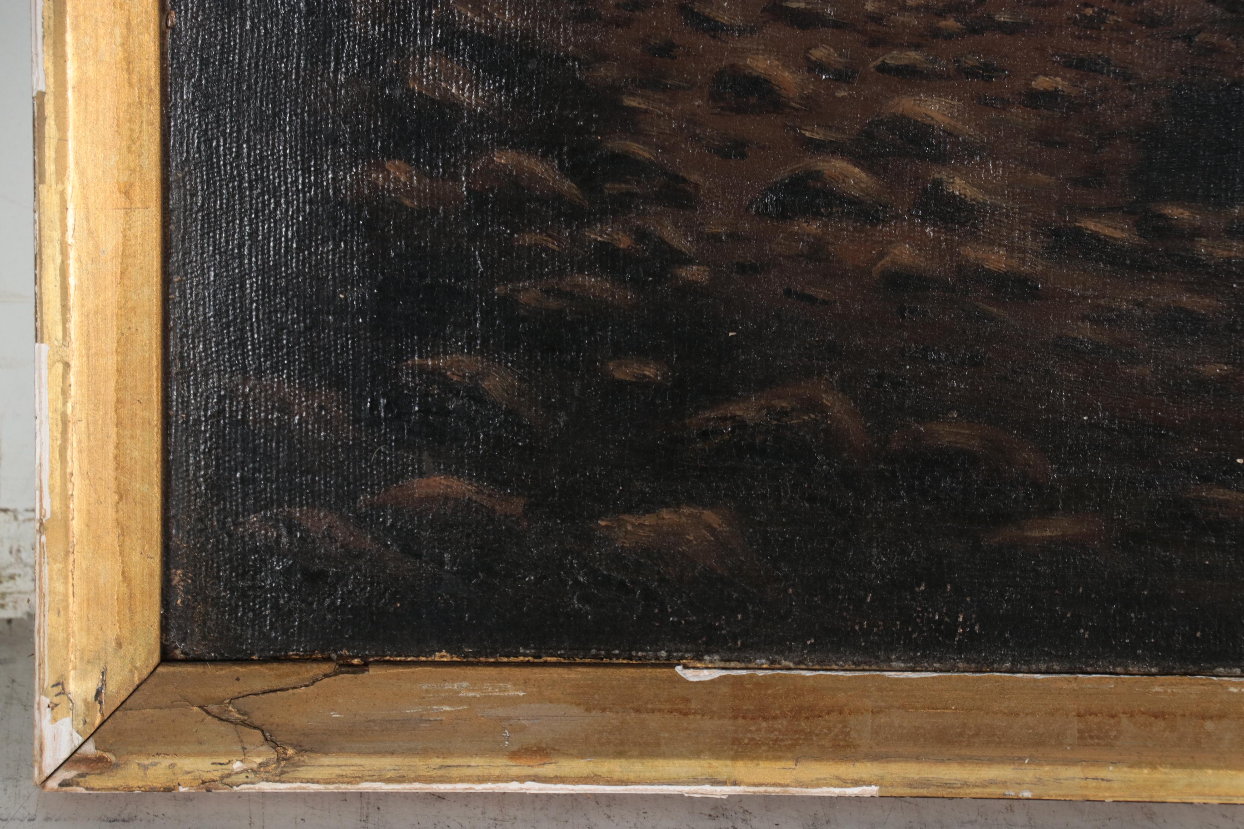 Oil Painting of Bay Scene With Sailing Ship