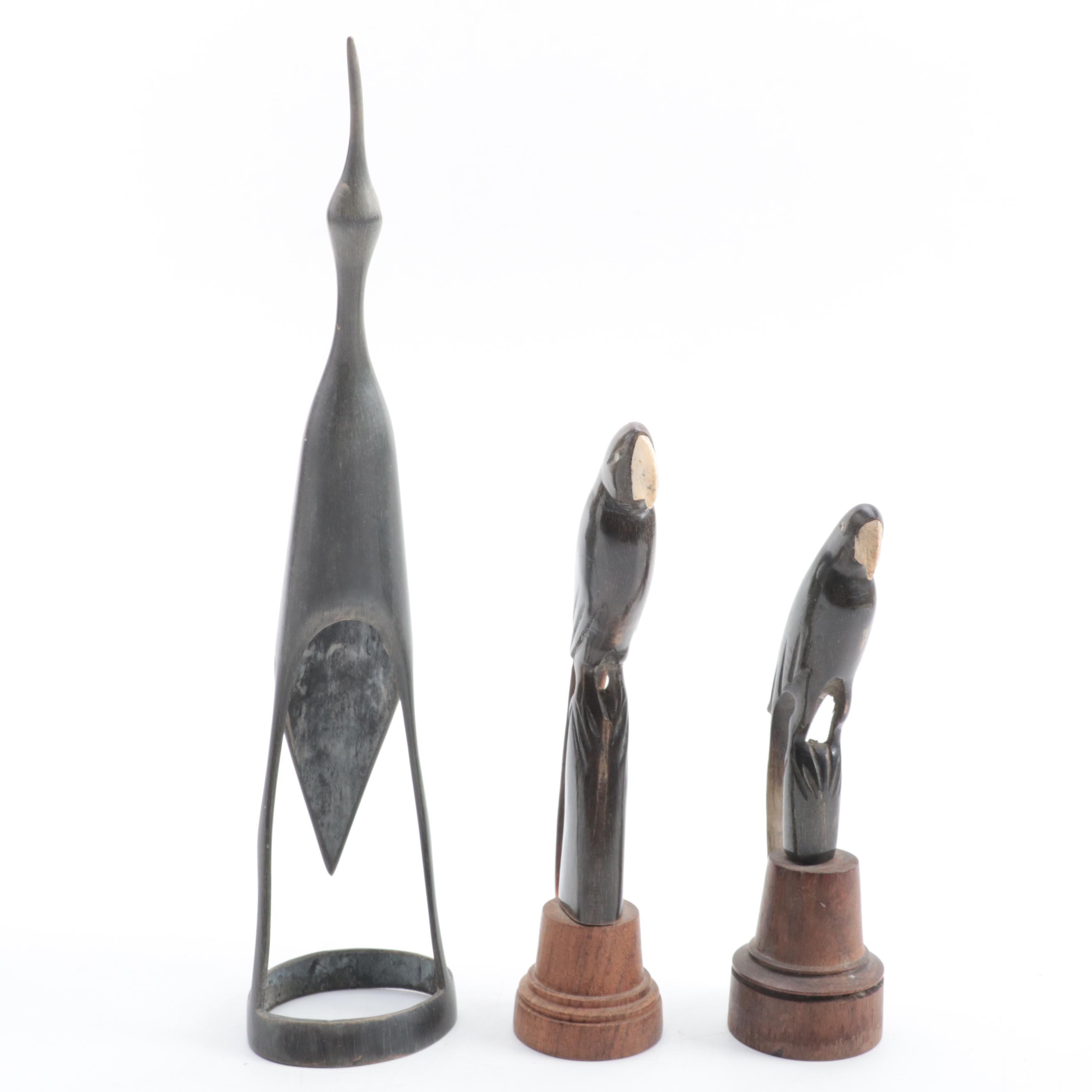 Hand-Carved Horn Bird Figurines on Wood Bases