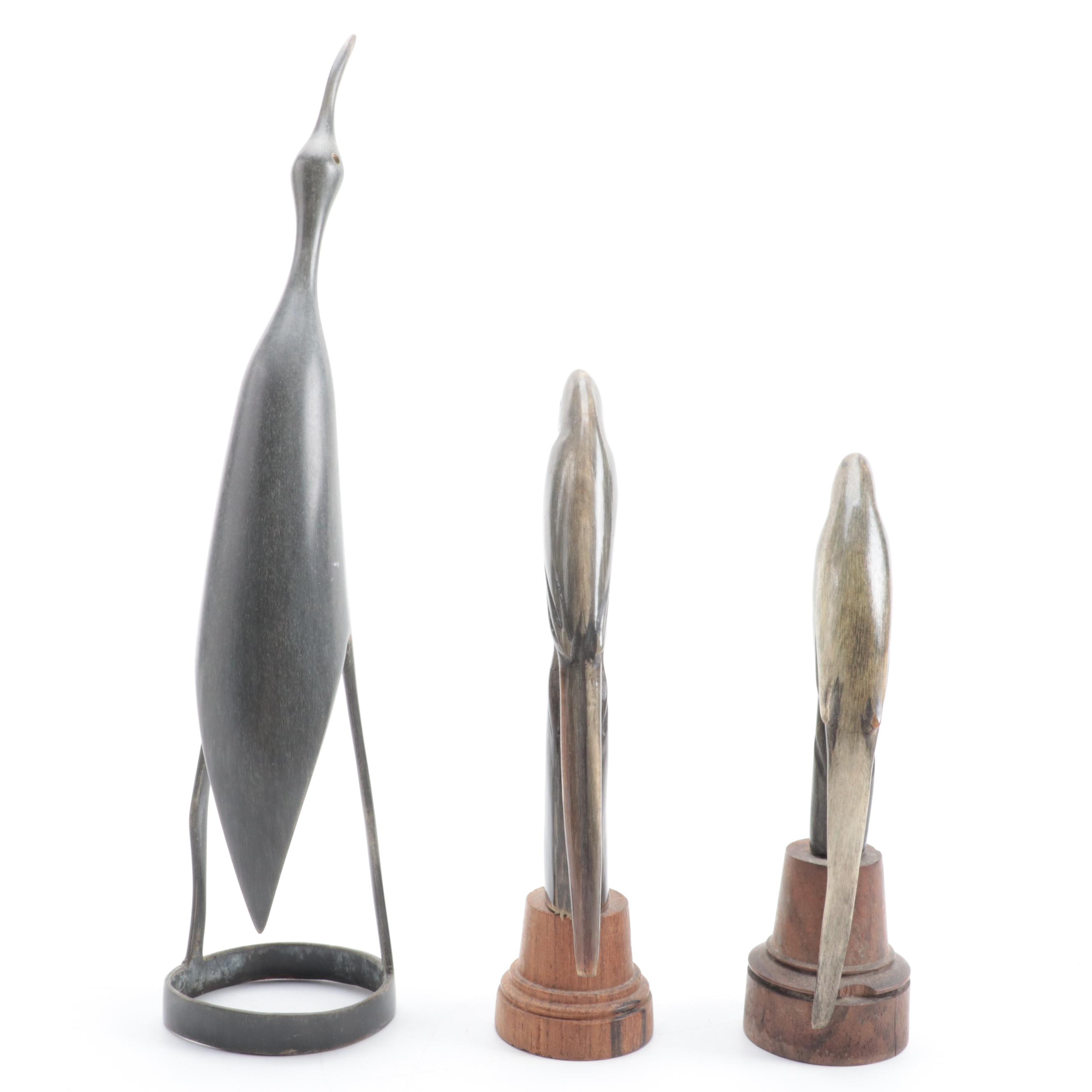 Hand-Carved Horn Bird Figurines on Wood Bases