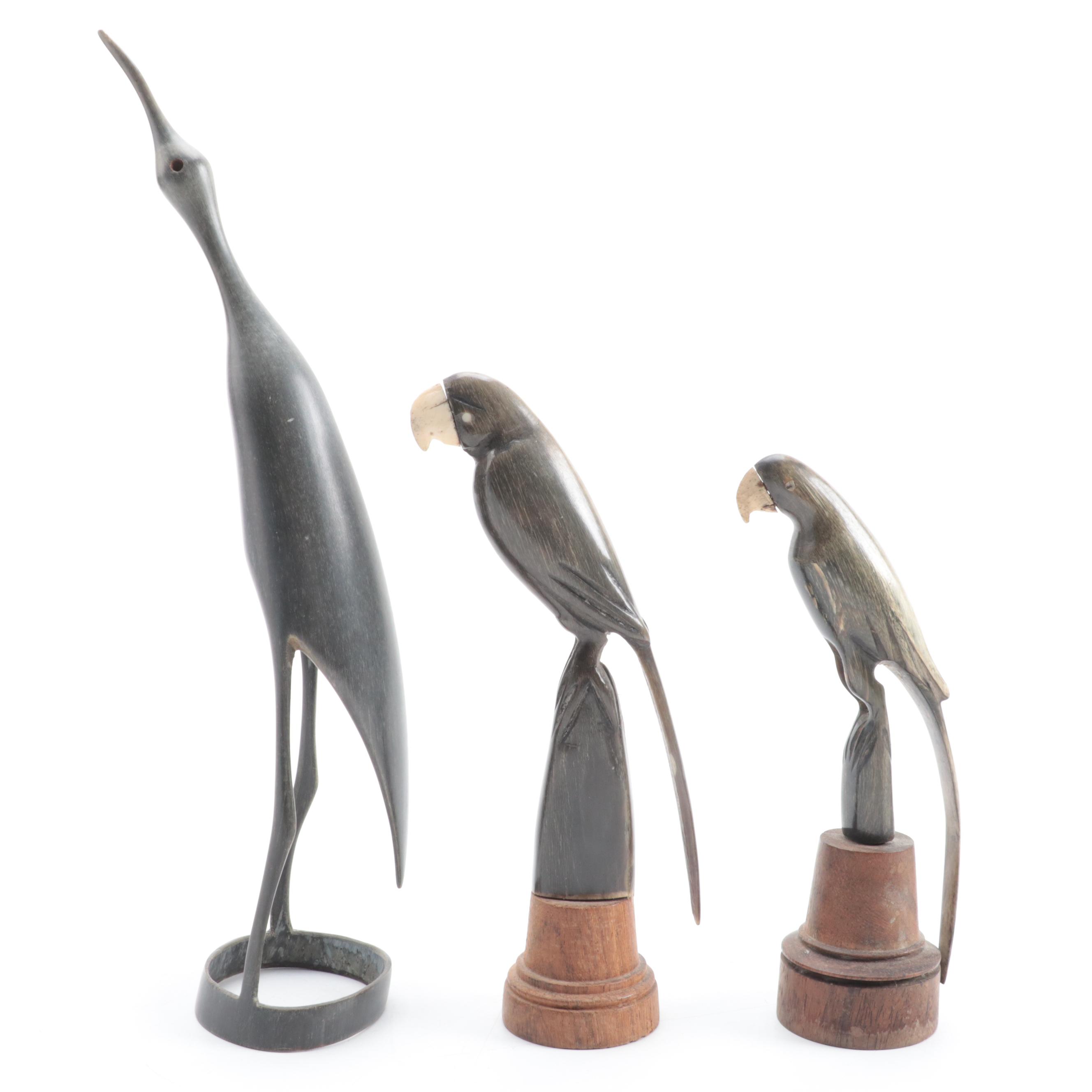 Hand-Carved Horn Bird Figurines on Wood Bases