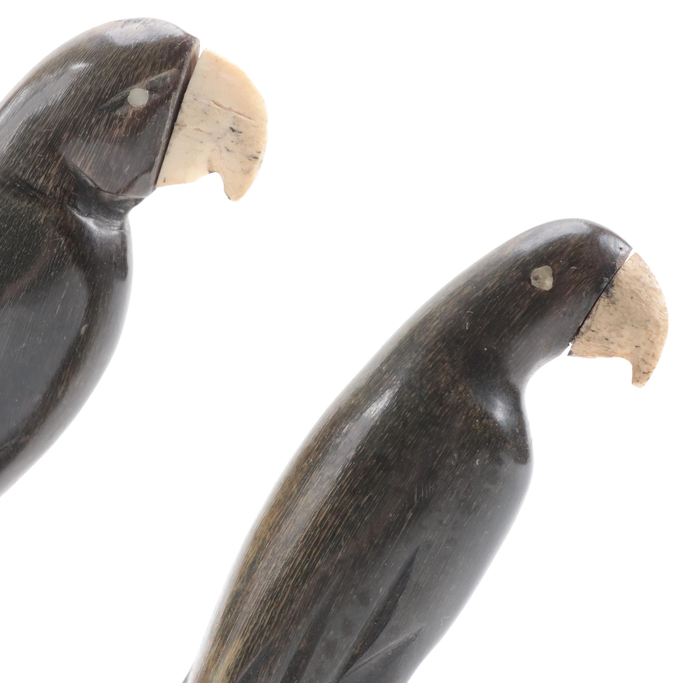 Hand-Carved Horn Bird Figurines on Wood Bases