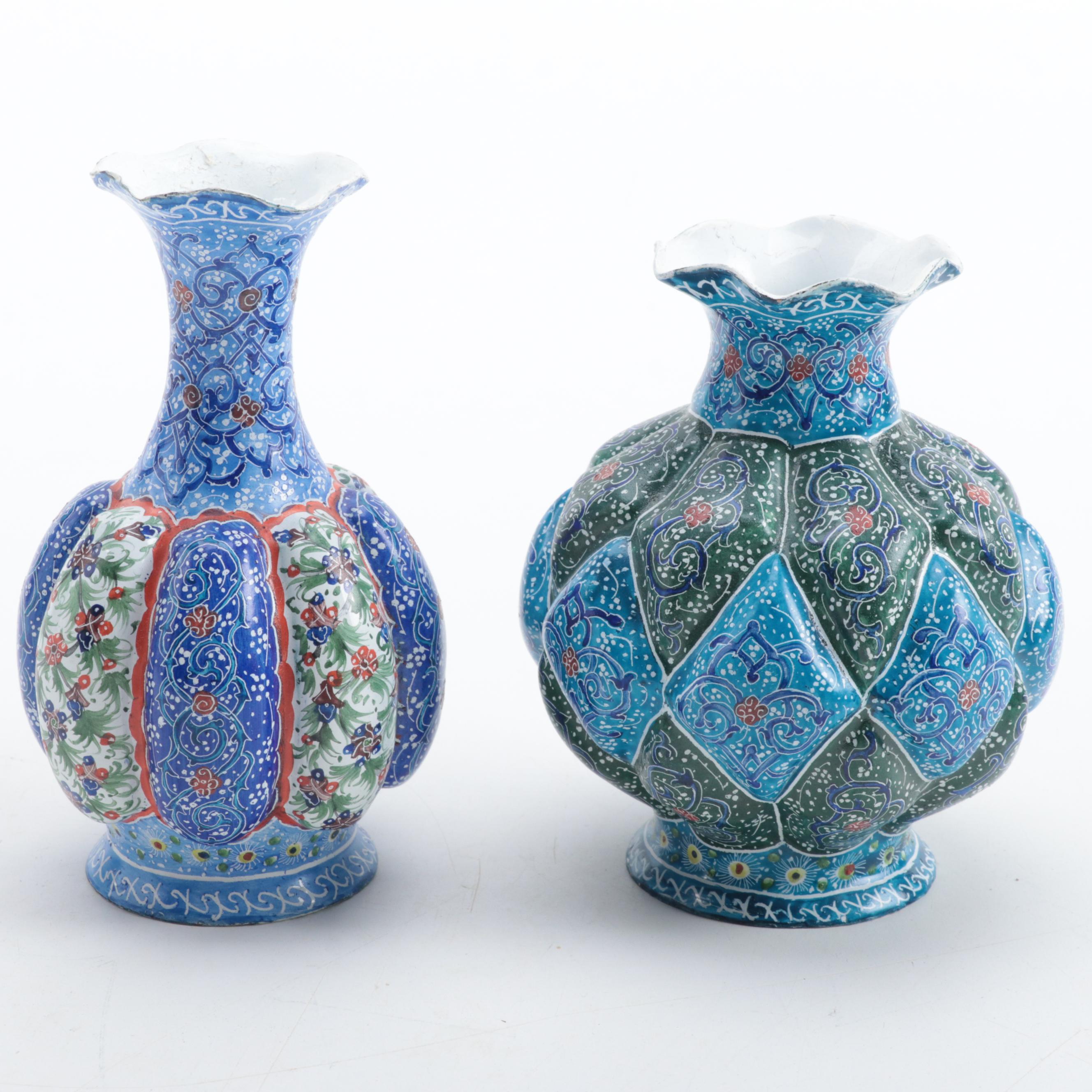 Middle Eastern Izink Style Porcelain Vases with Mexican Huichol Rooster