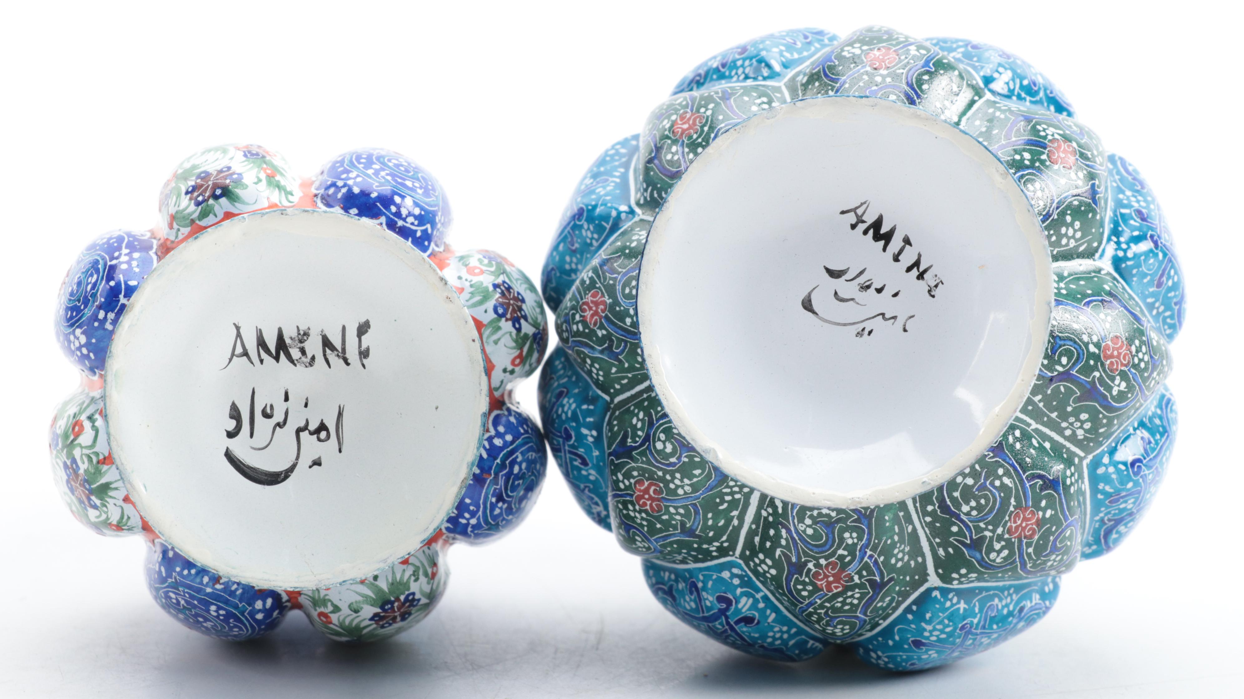 Middle Eastern Izink Style Porcelain Vases with Mexican Huichol Rooster