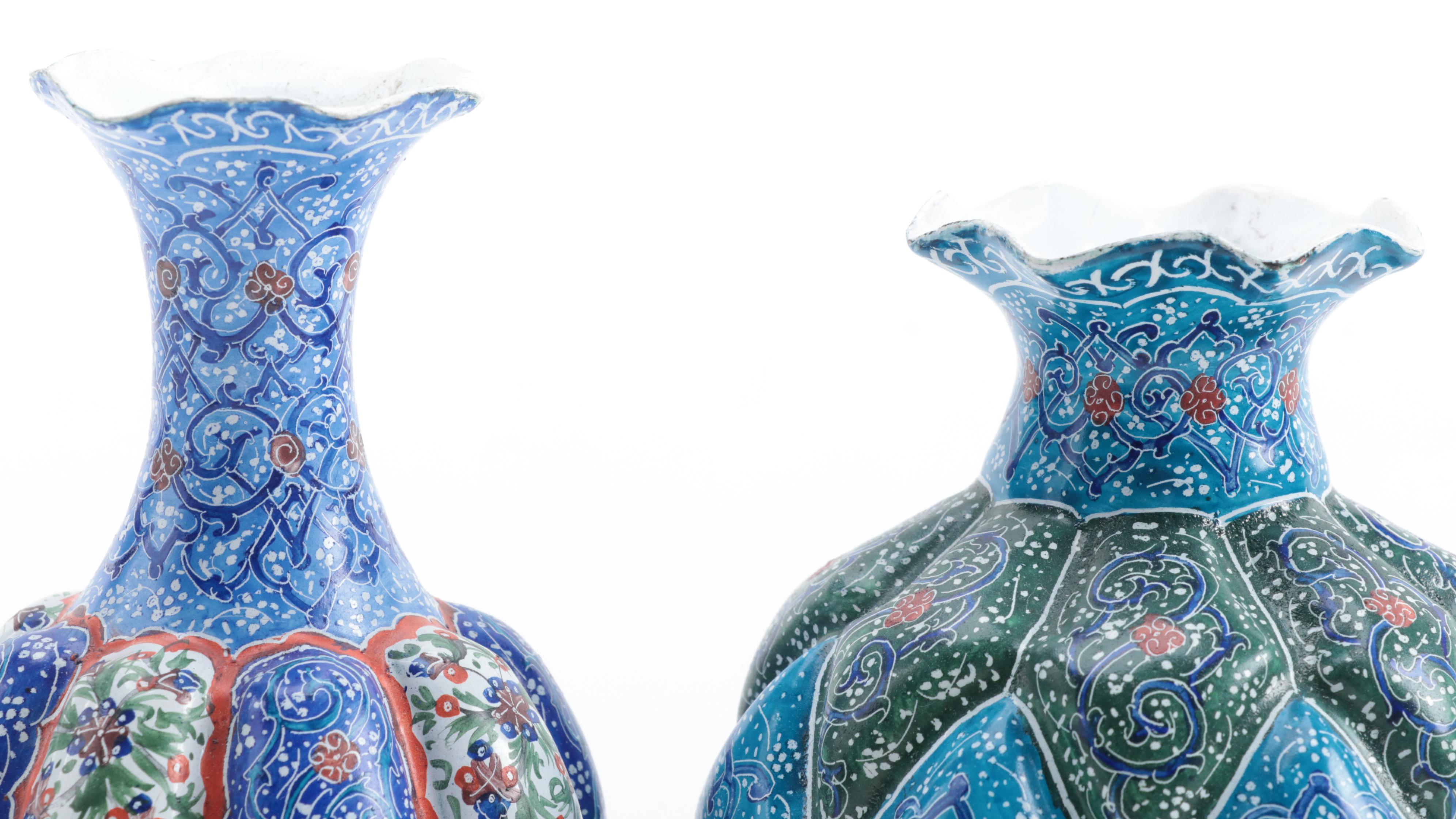 Middle Eastern Izink Style Porcelain Vases with Mexican Huichol Rooster