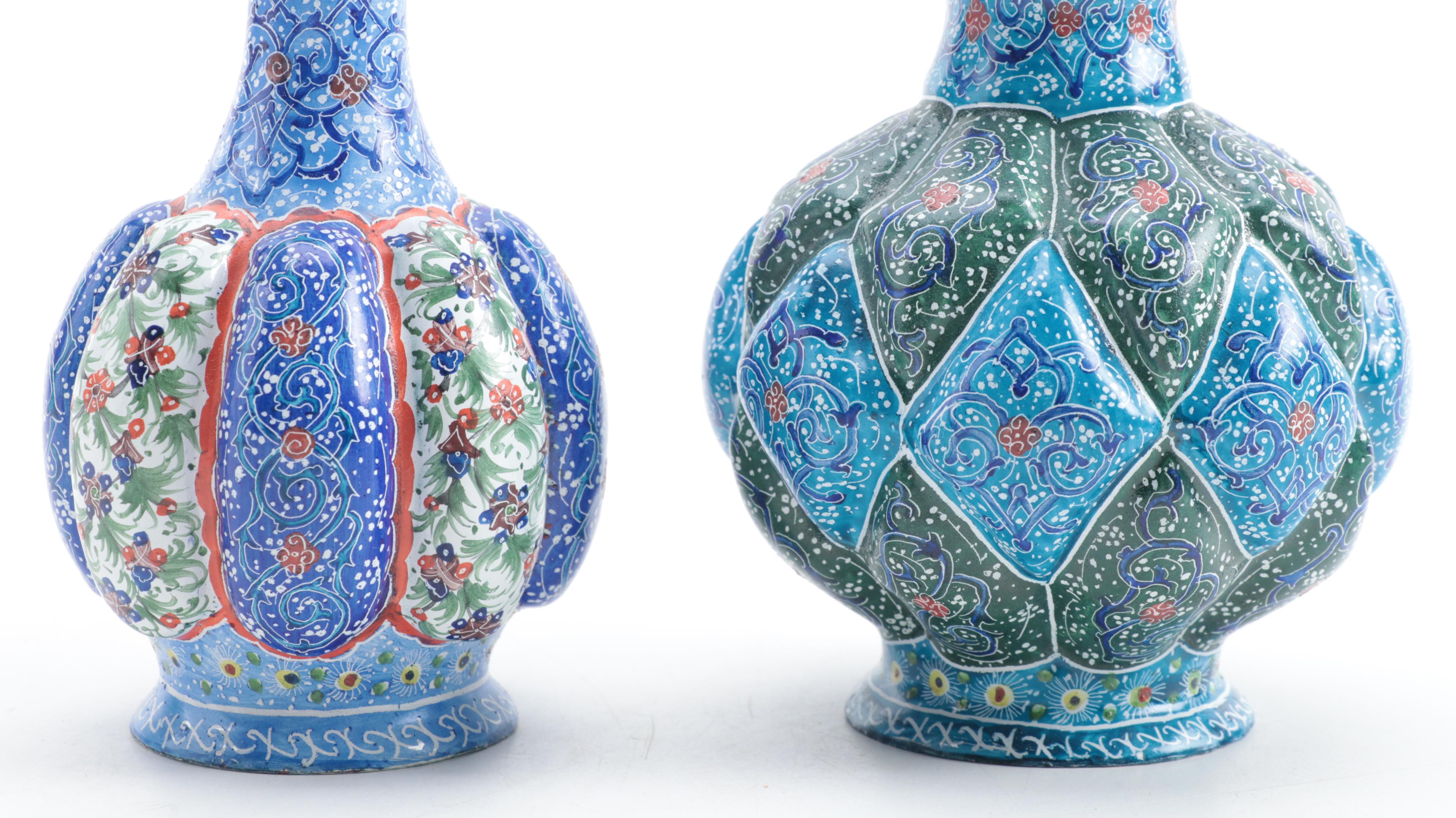 Middle Eastern Izink Style Porcelain Vases with Mexican Huichol Rooster