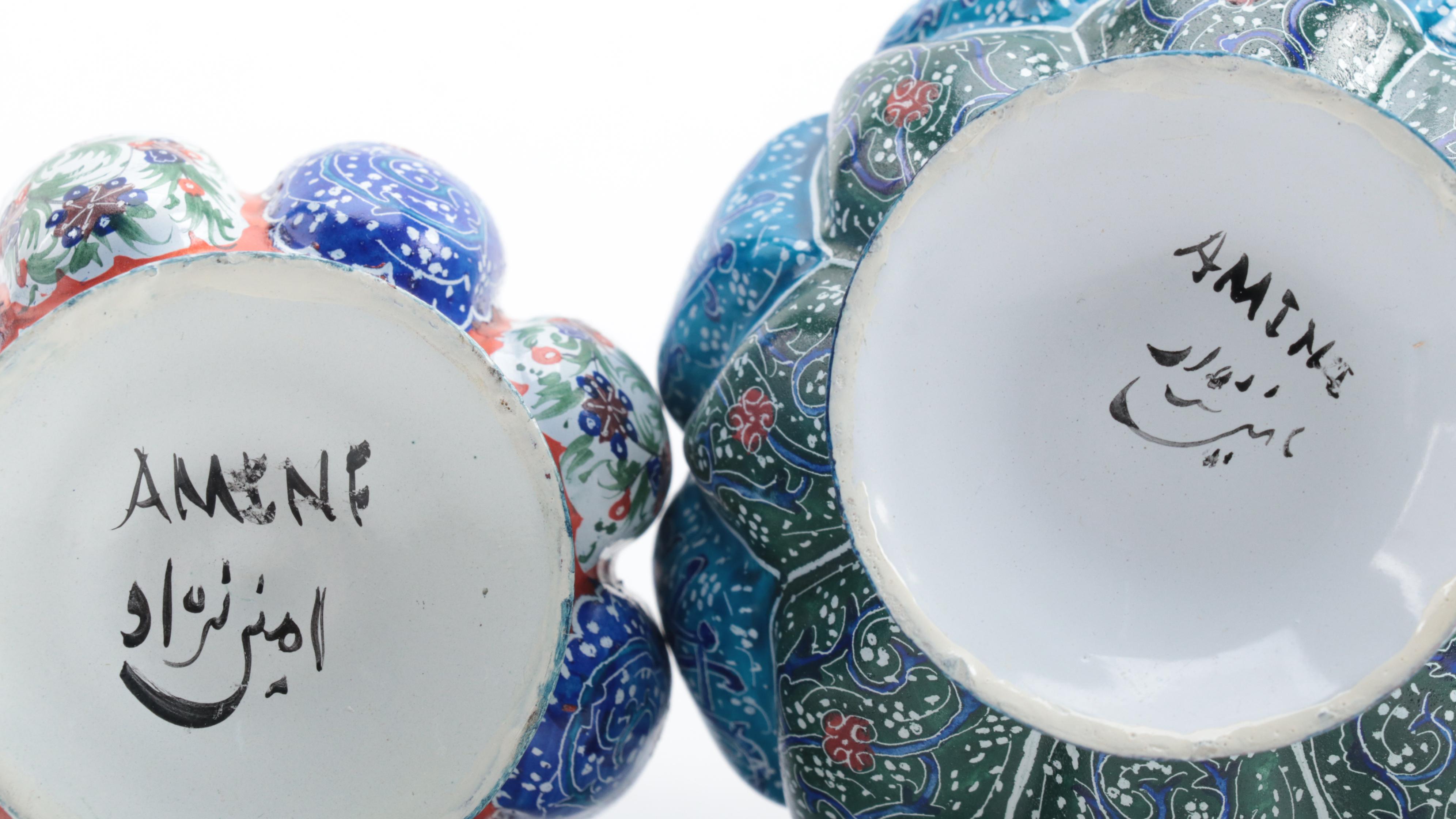 Middle Eastern Izink Style Porcelain Vases with Mexican Huichol Rooster