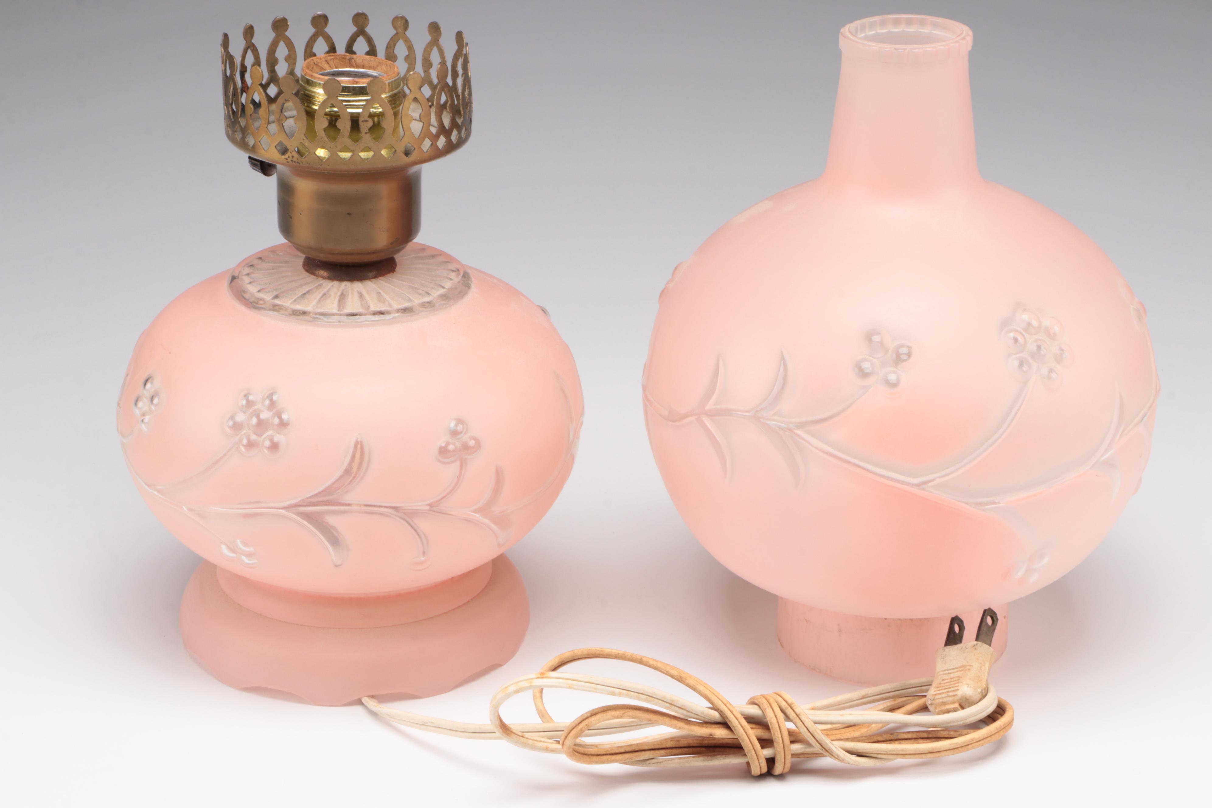 Pink Frosted Glass Parlor Table Lamp, Mid-20th Century