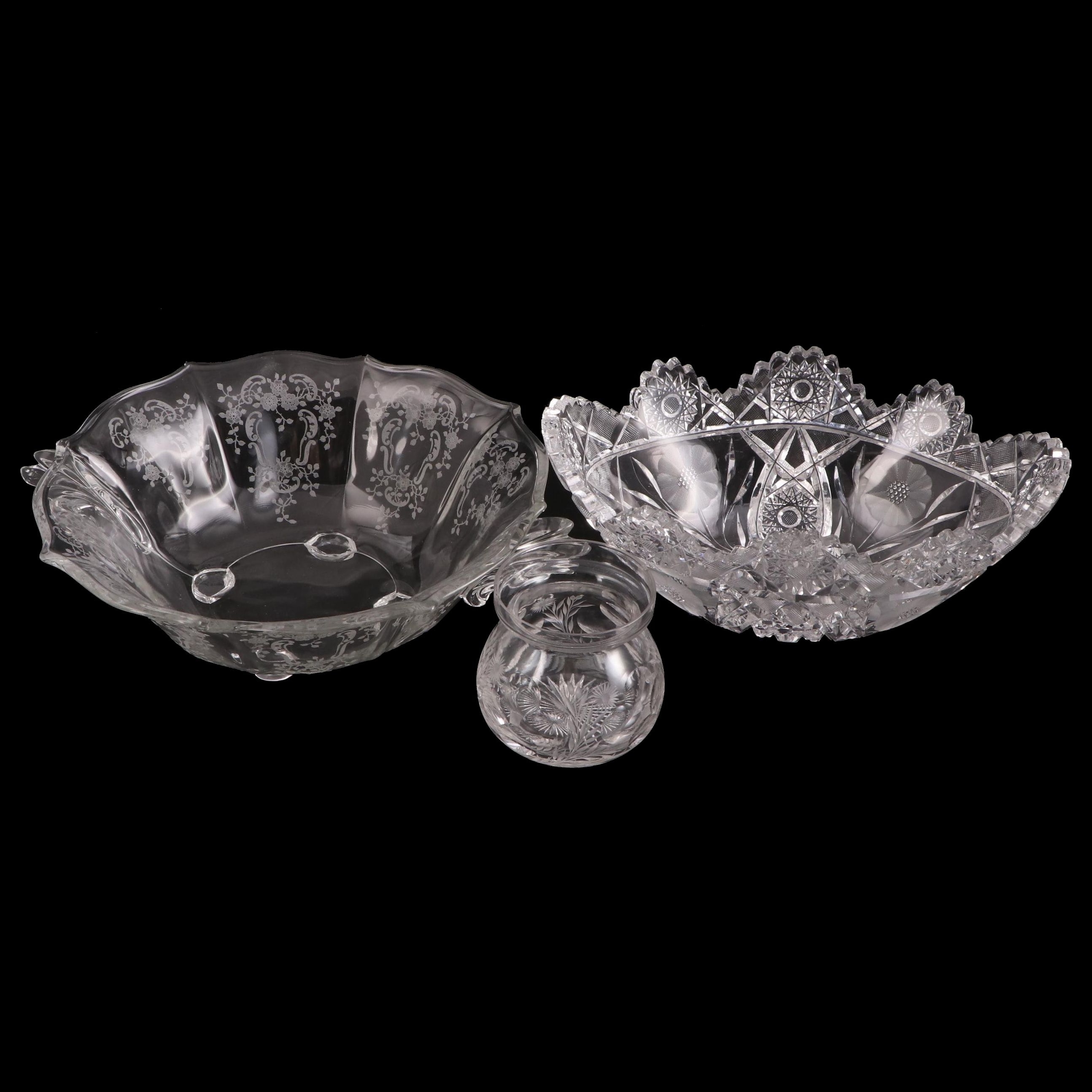 American Brilliant Style Cut Glass Bowl and Jar with Etched Glass Serving Bowl