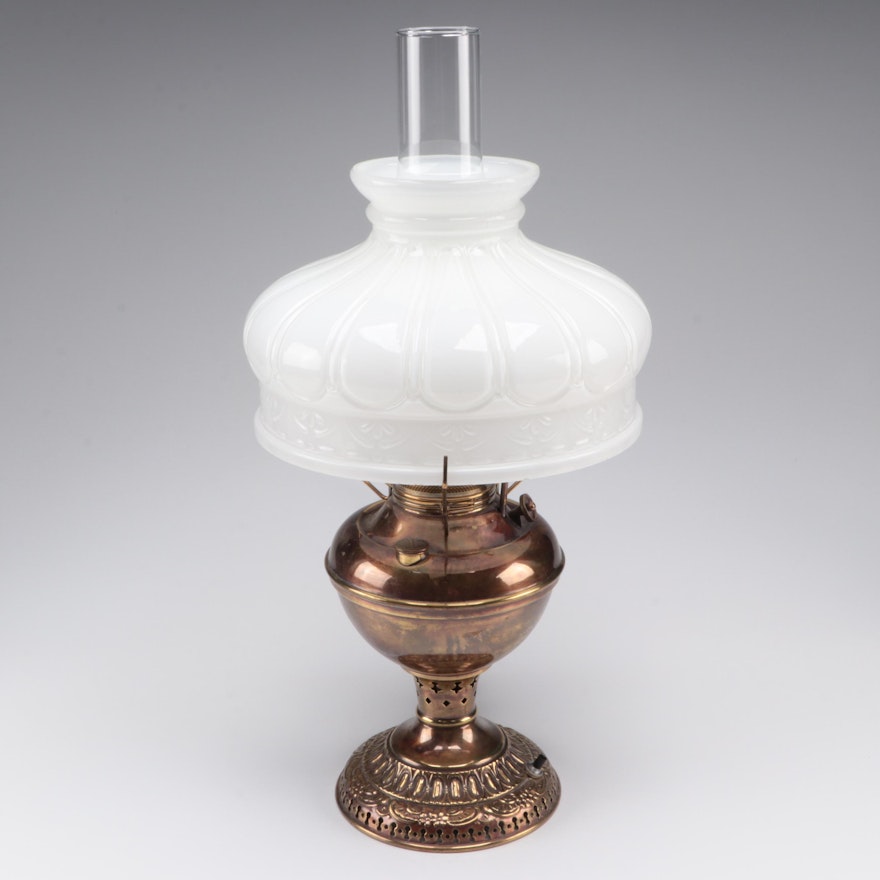 Juno Brass Kerosene Lamp with Milk Glass Shade, Adapted Mid to Late 20th Century