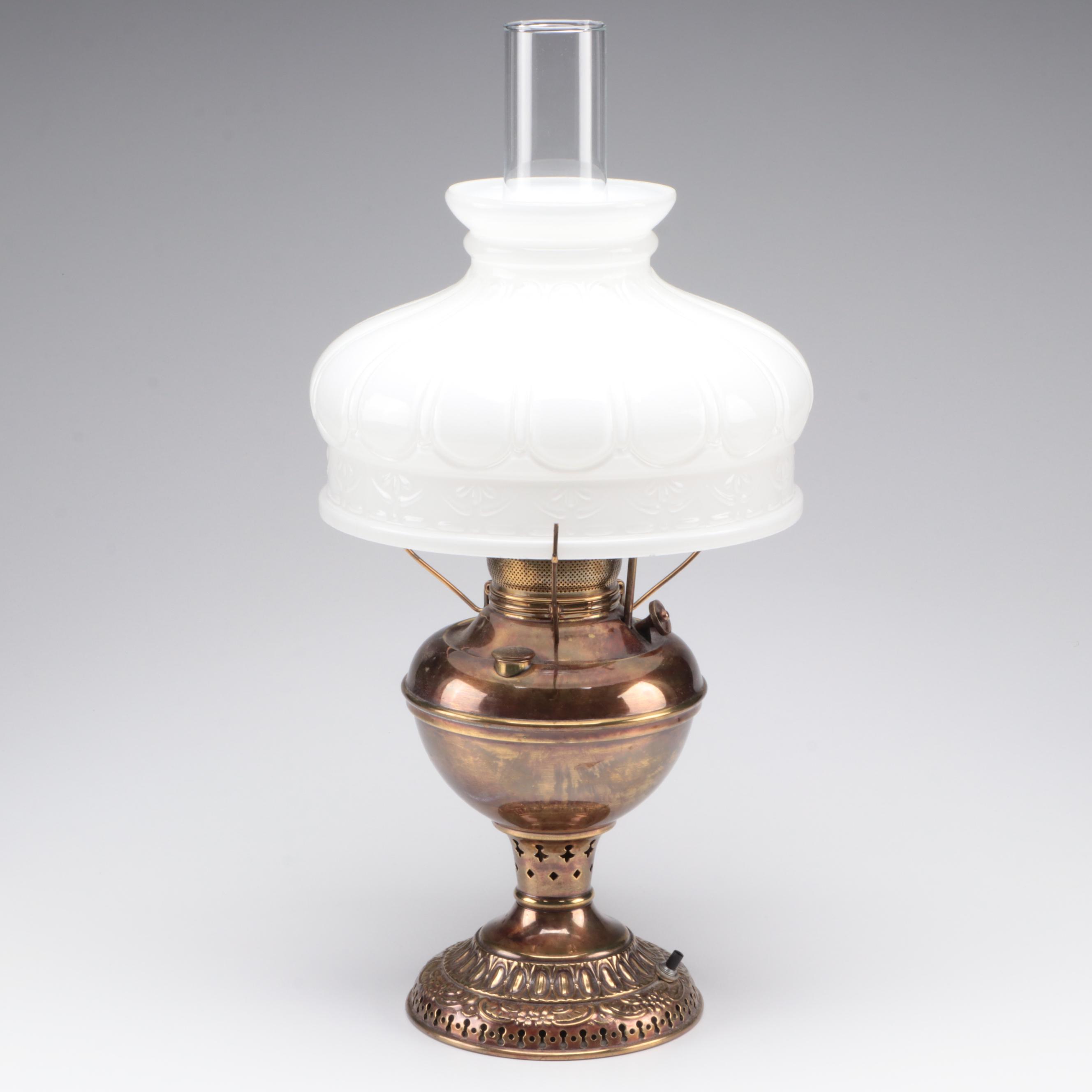 Juno Brass Kerosene Lamp with Milk Glass Shade, Adapted Mid to Late 20th Century