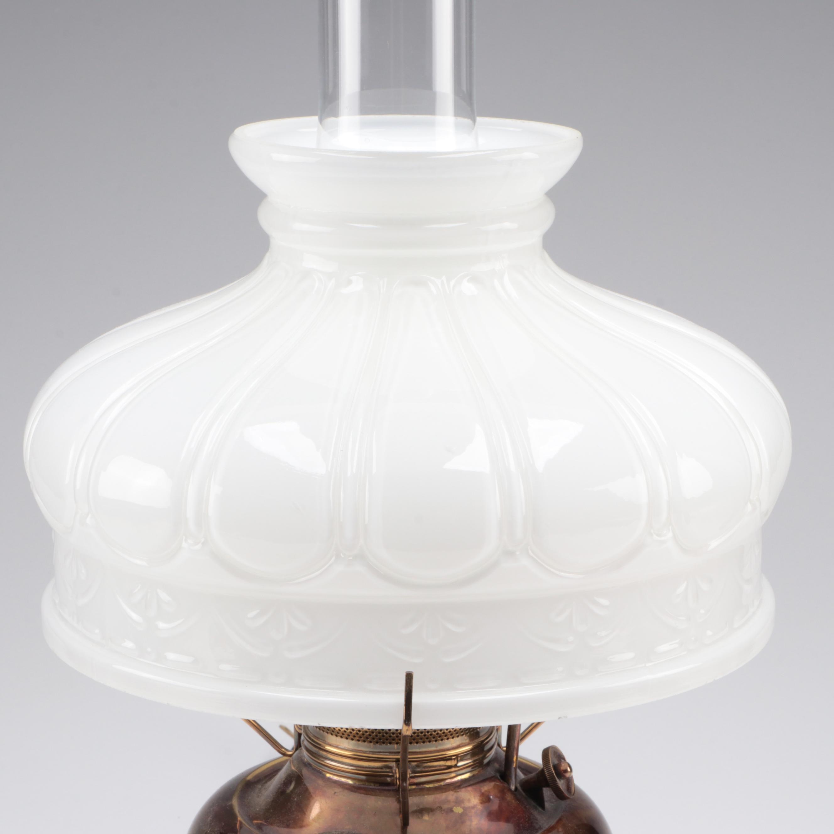 Juno Brass Kerosene Lamp with Milk Glass Shade, Adapted Mid to Late 20th Century