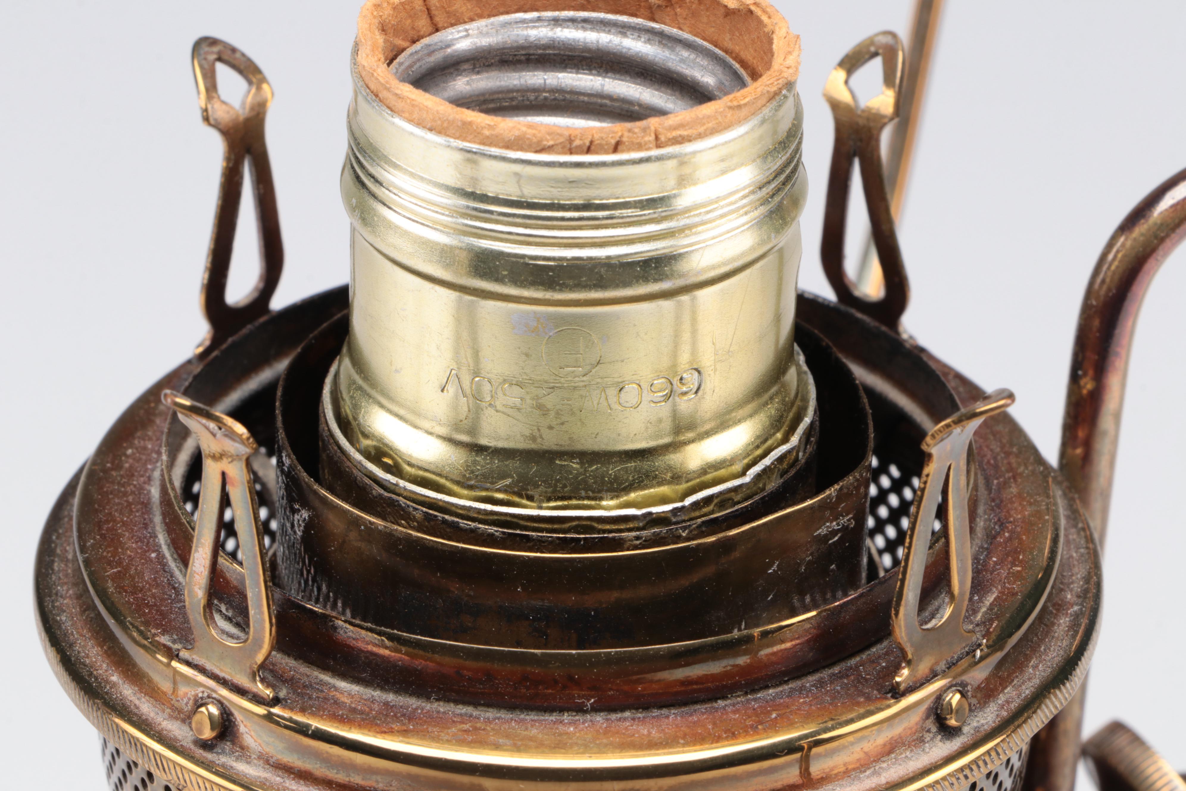 Juno Brass Kerosene Lamp with Milk Glass Shade, Adapted Mid to Late 20th Century