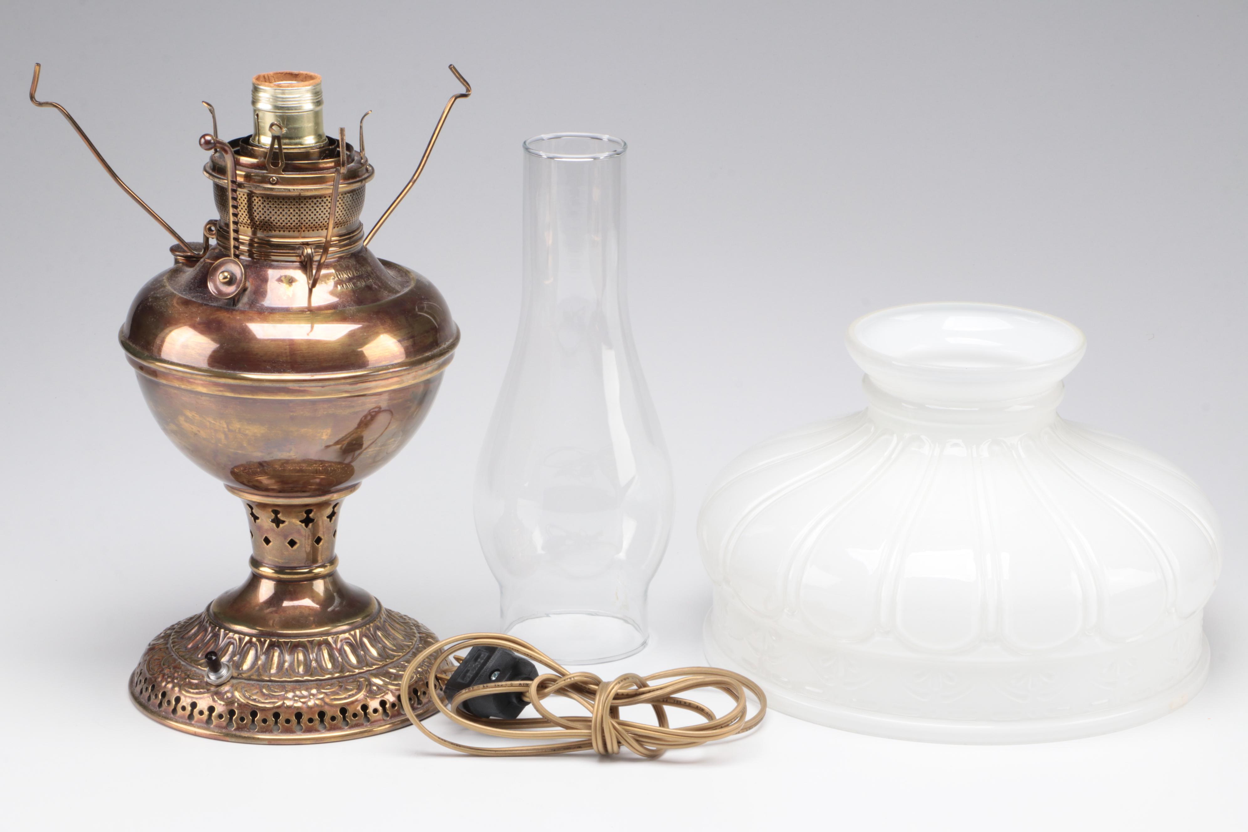 Juno Brass Kerosene Lamp with Milk Glass Shade, Adapted Mid to Late 20th Century