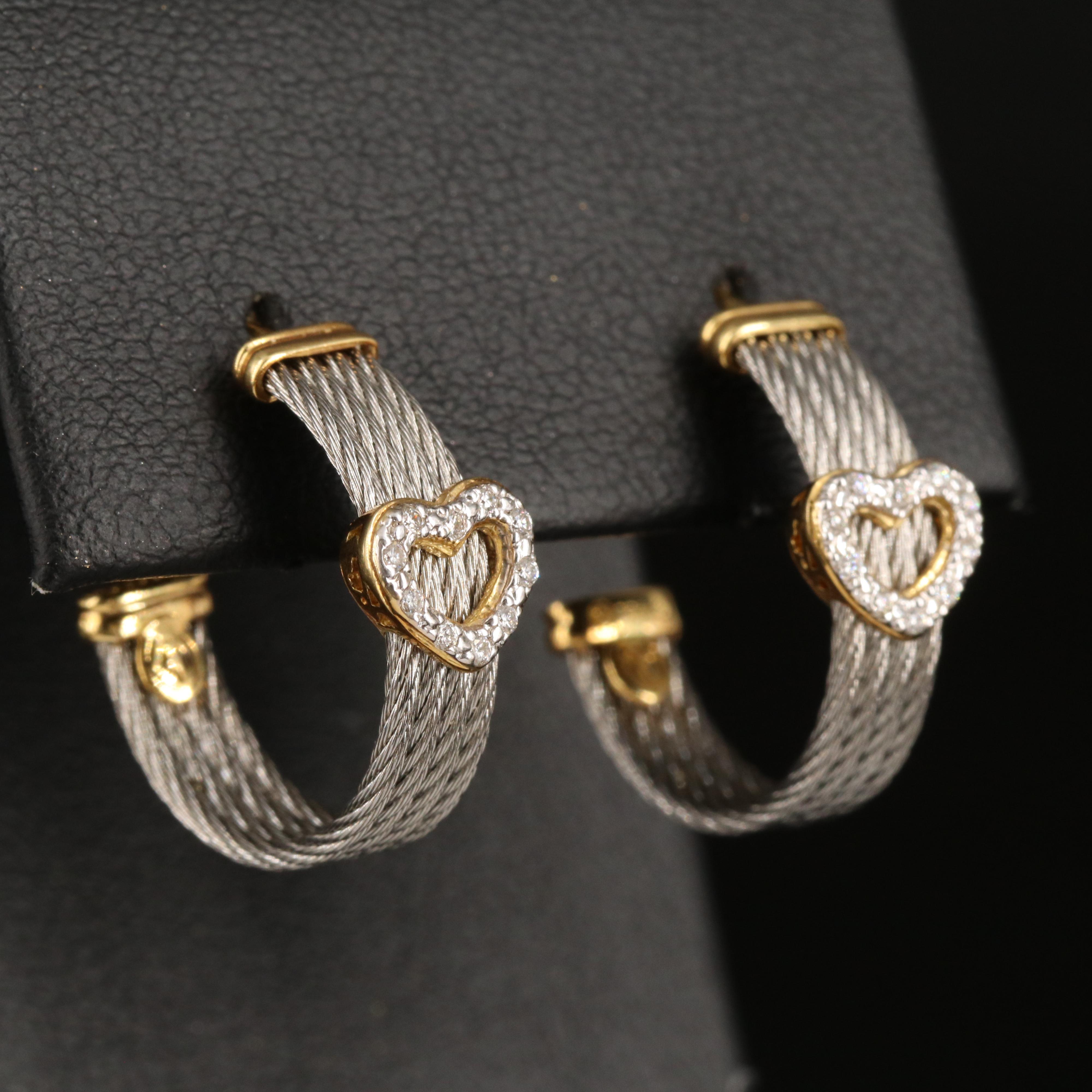 Charriol 18K and Stainless Steel Cable 0.10 CTW Diamond Hoop Earrings