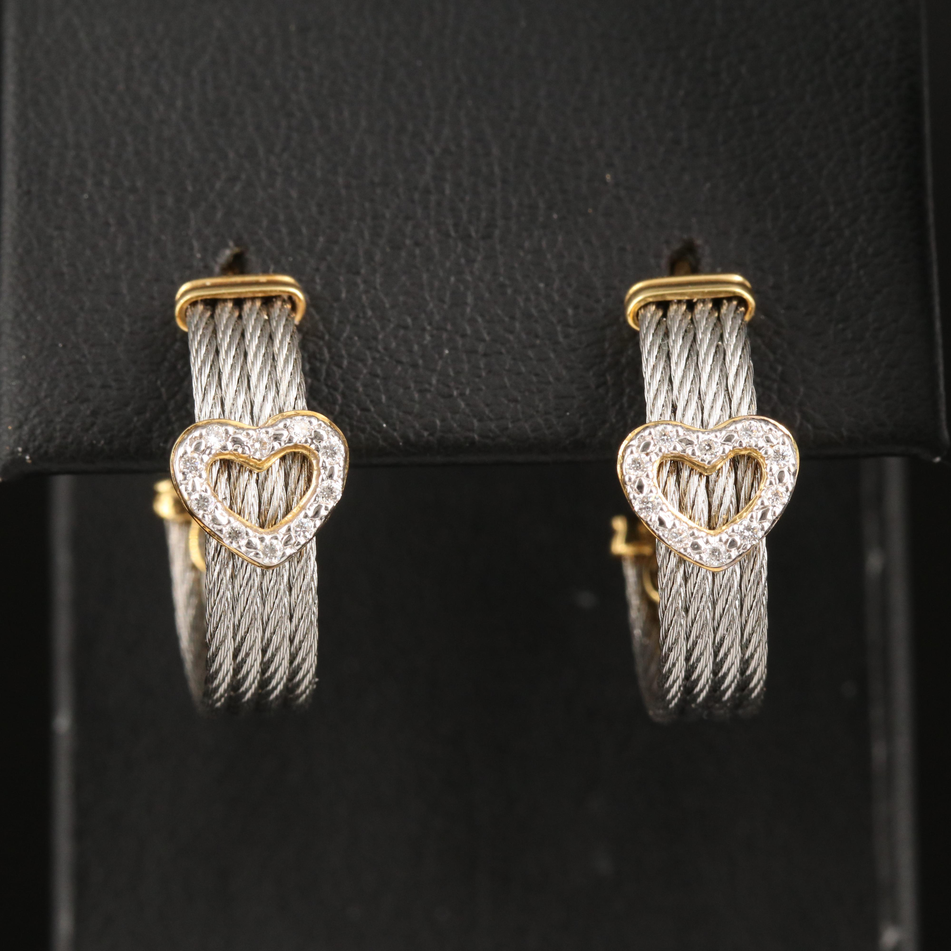 Charriol 18K and Stainless Steel Cable 0.10 CTW Diamond Hoop Earrings