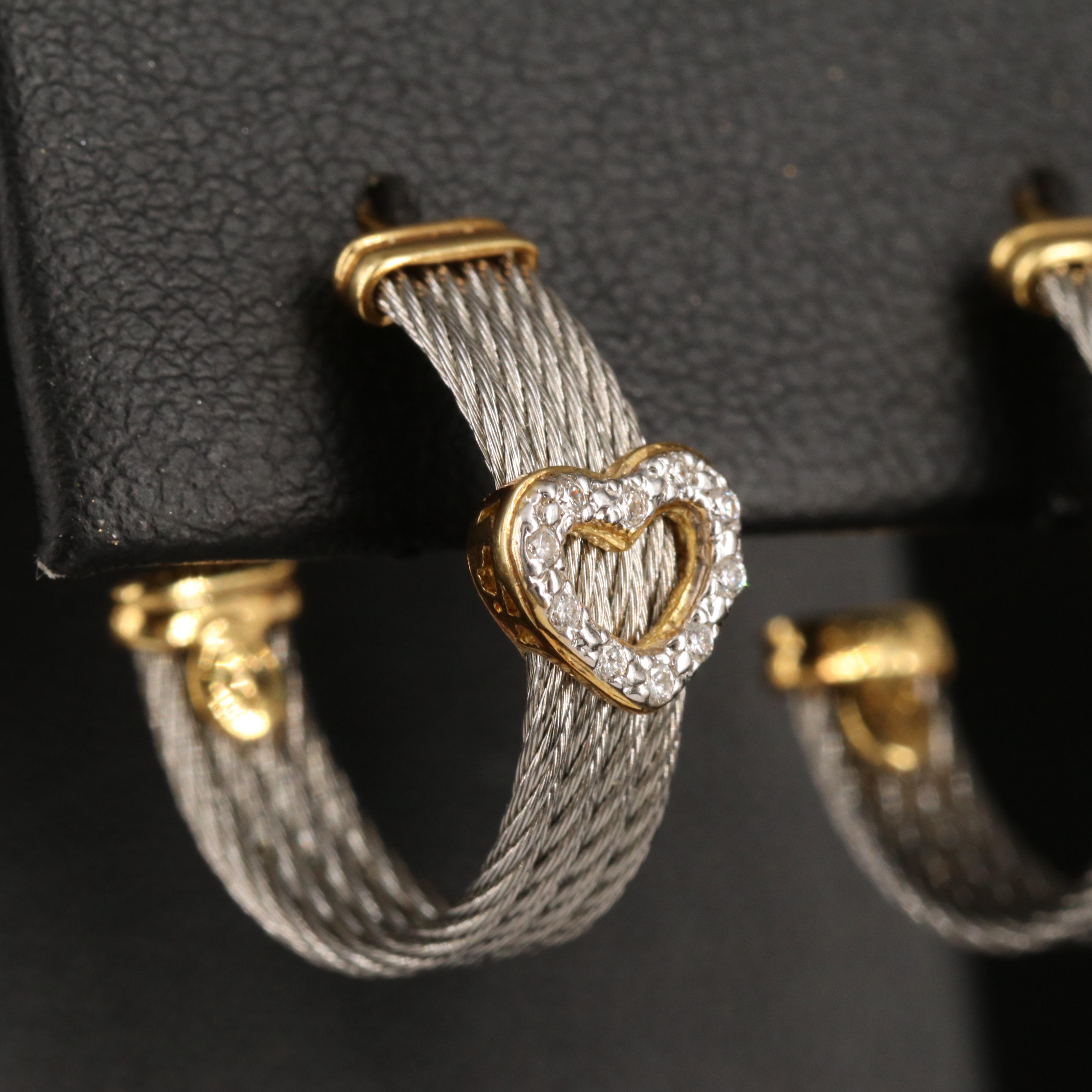 Charriol 18K and Stainless Steel Cable 0.10 CTW Diamond Hoop Earrings