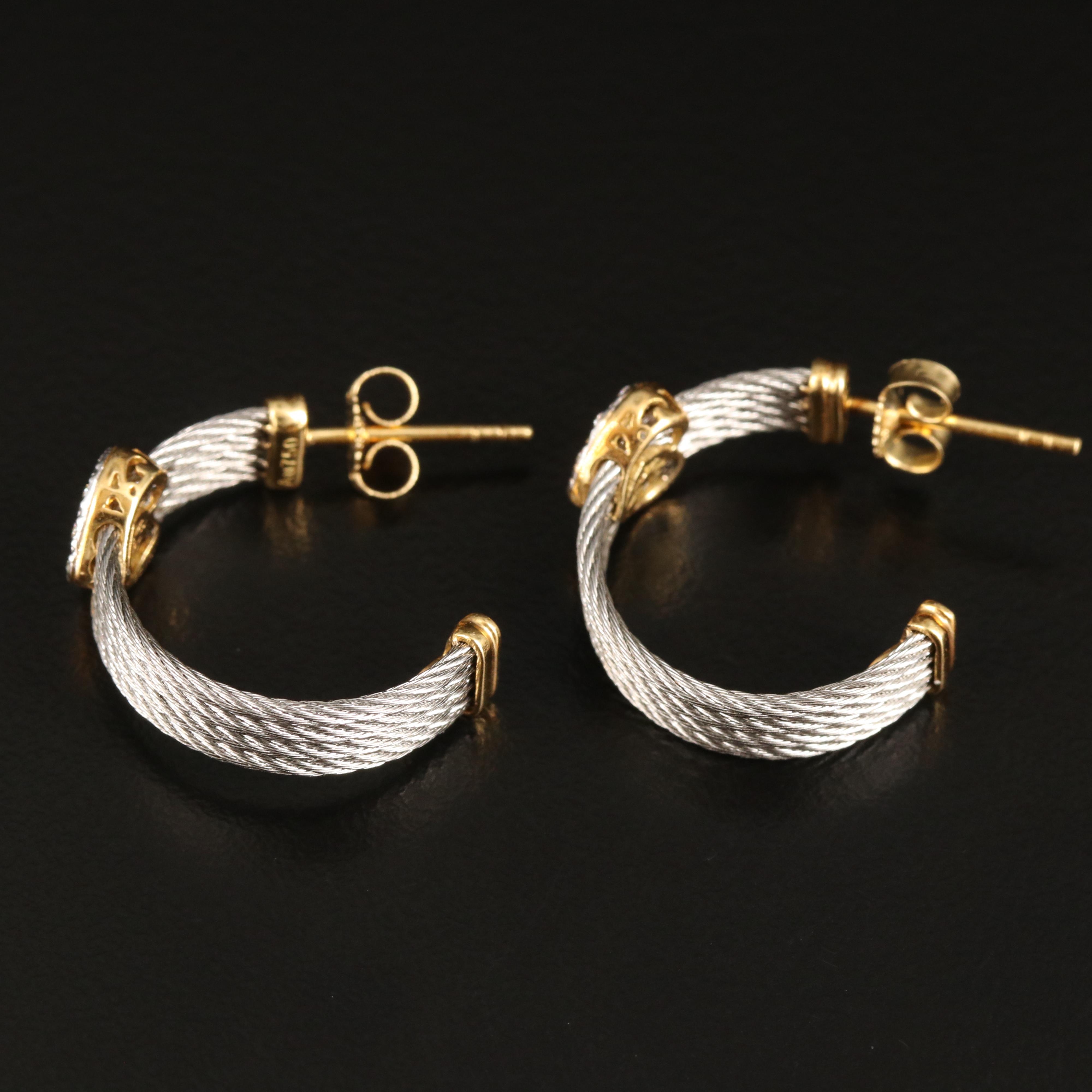 Charriol 18K and Stainless Steel Cable 0.10 CTW Diamond Hoop Earrings