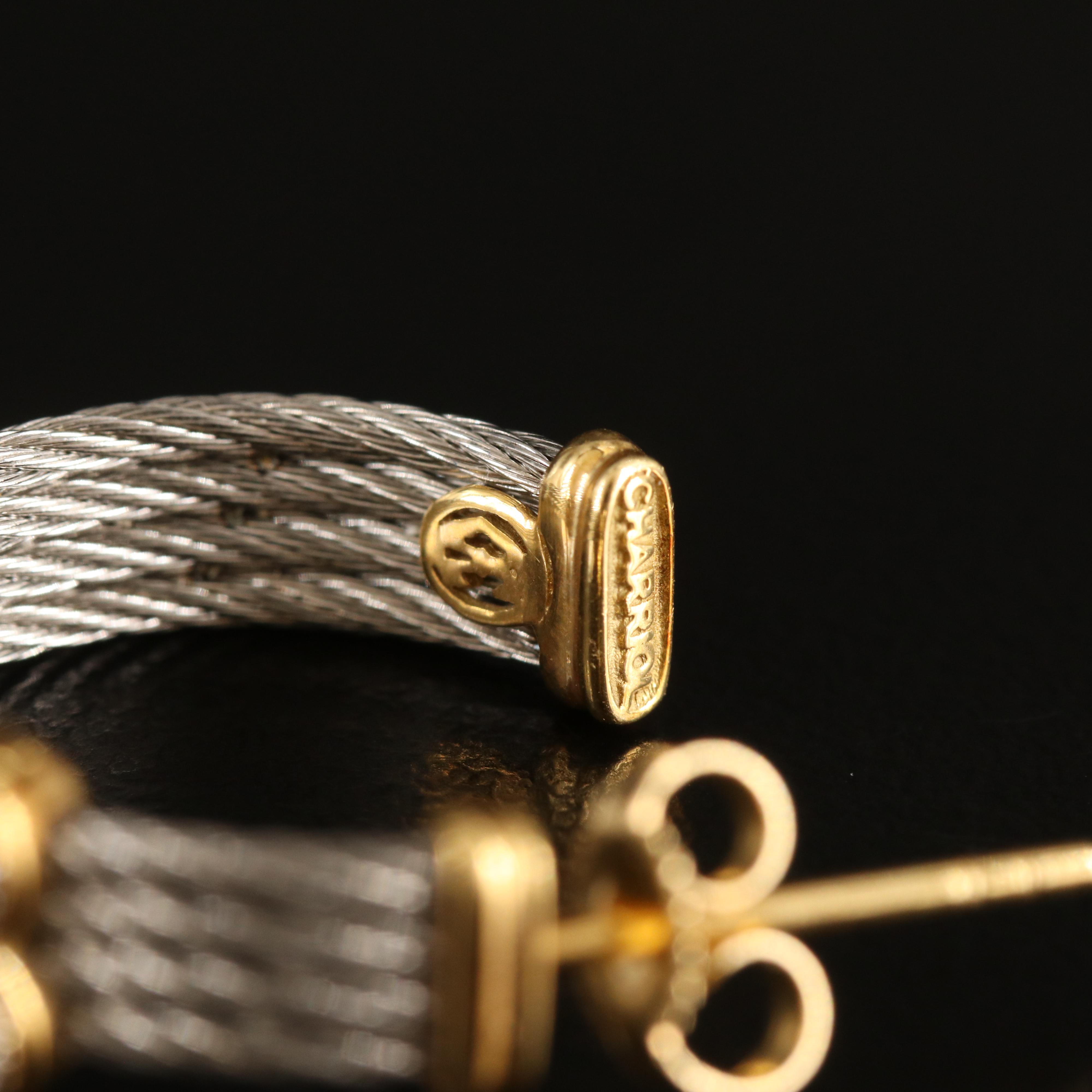 Charriol 18K and Stainless Steel Cable 0.10 CTW Diamond Hoop Earrings