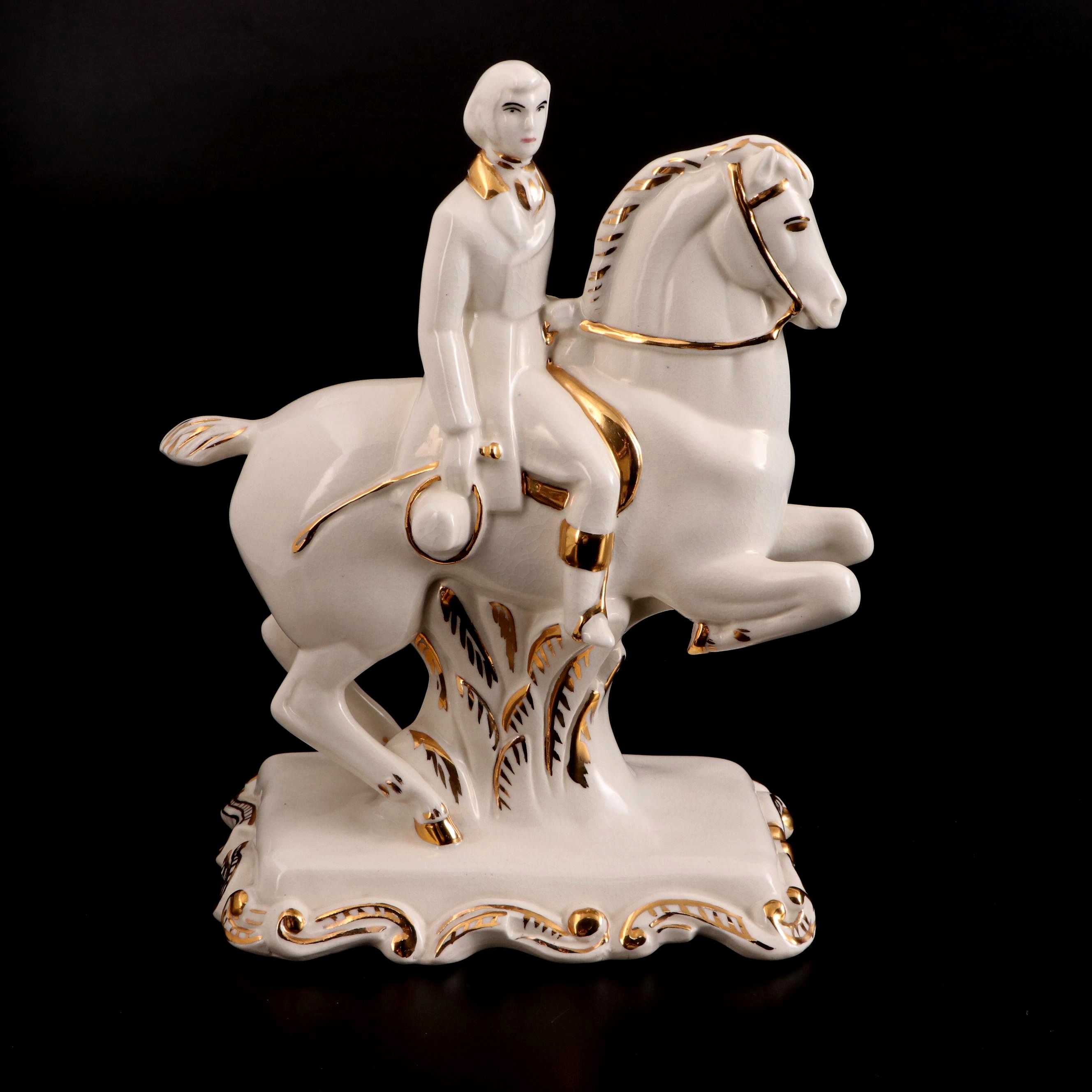Gilt Accented Porcelain Horse and Rider Figurine, Mid to Late 20th Century