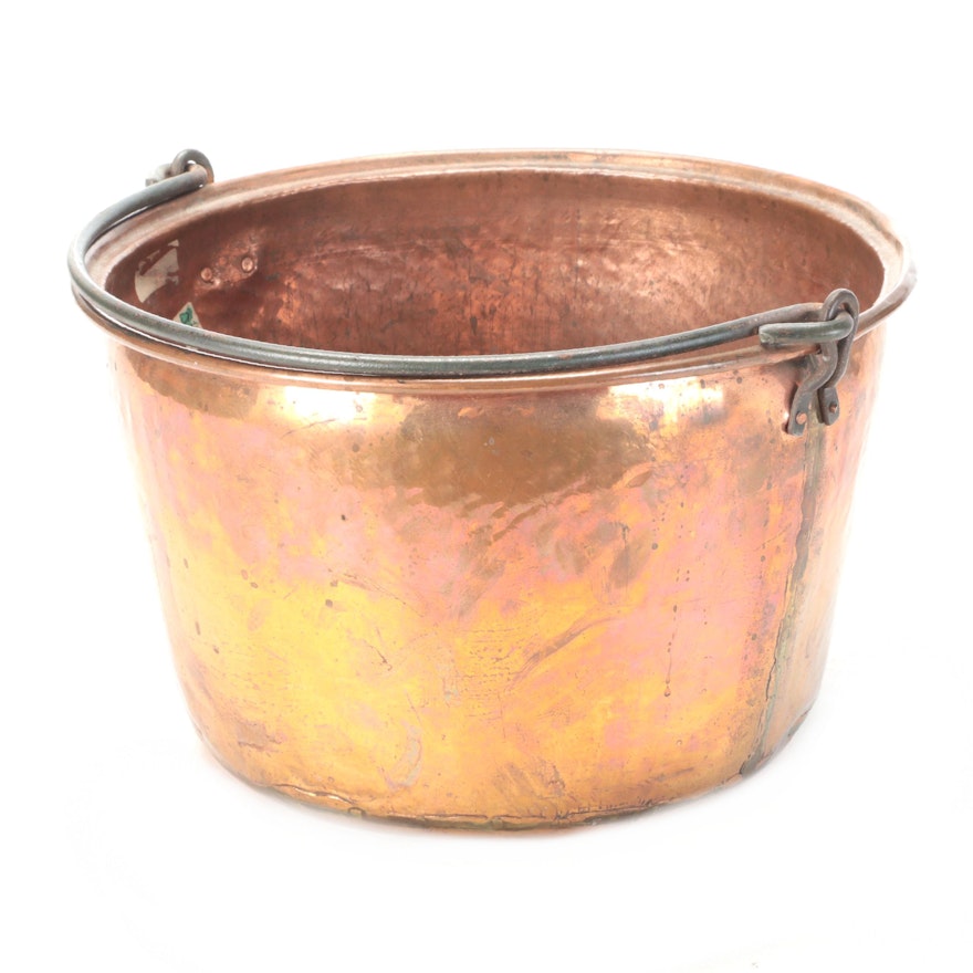 Copper Cauldron with Cast Iron Bail, 20th Century